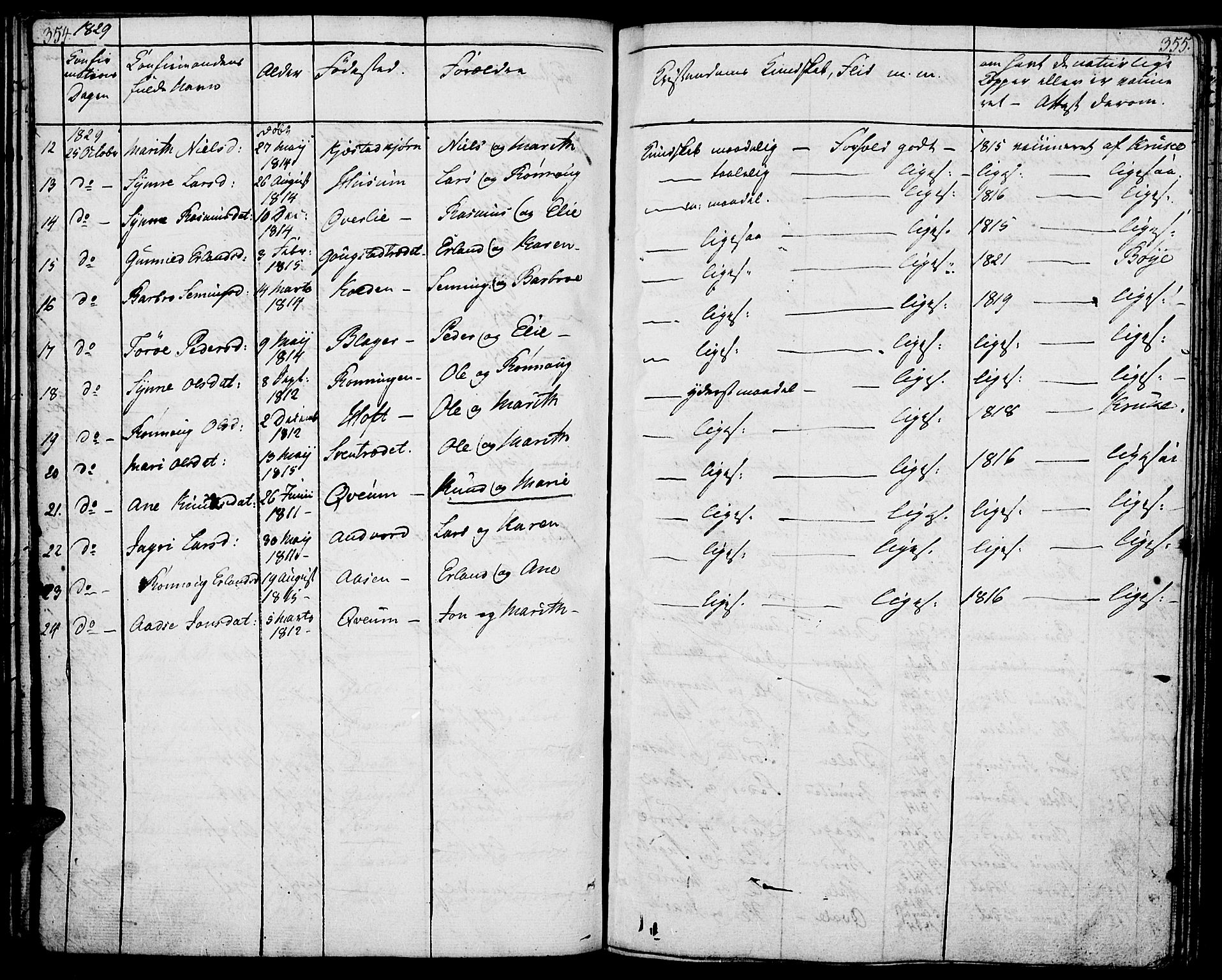 Lom prestekontor, AV/SAH-PREST-070/K/L0005: Parish register (official) no. 5, 1825-1837, p. 354-355