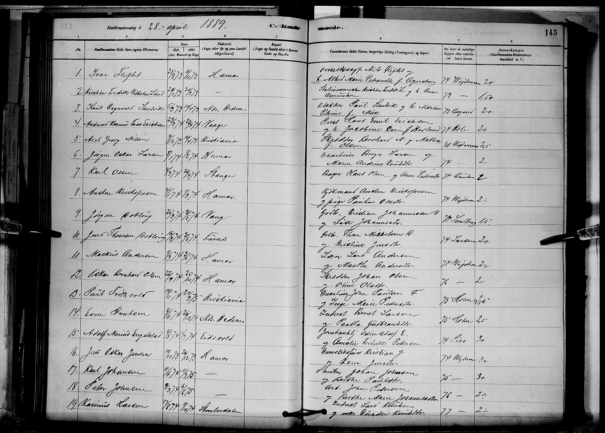 Vang prestekontor, Hedmark, SAH/PREST-008/H/Ha/Hab/L0012: Parish register (copy) no. 12, 1878-1889, p. 145