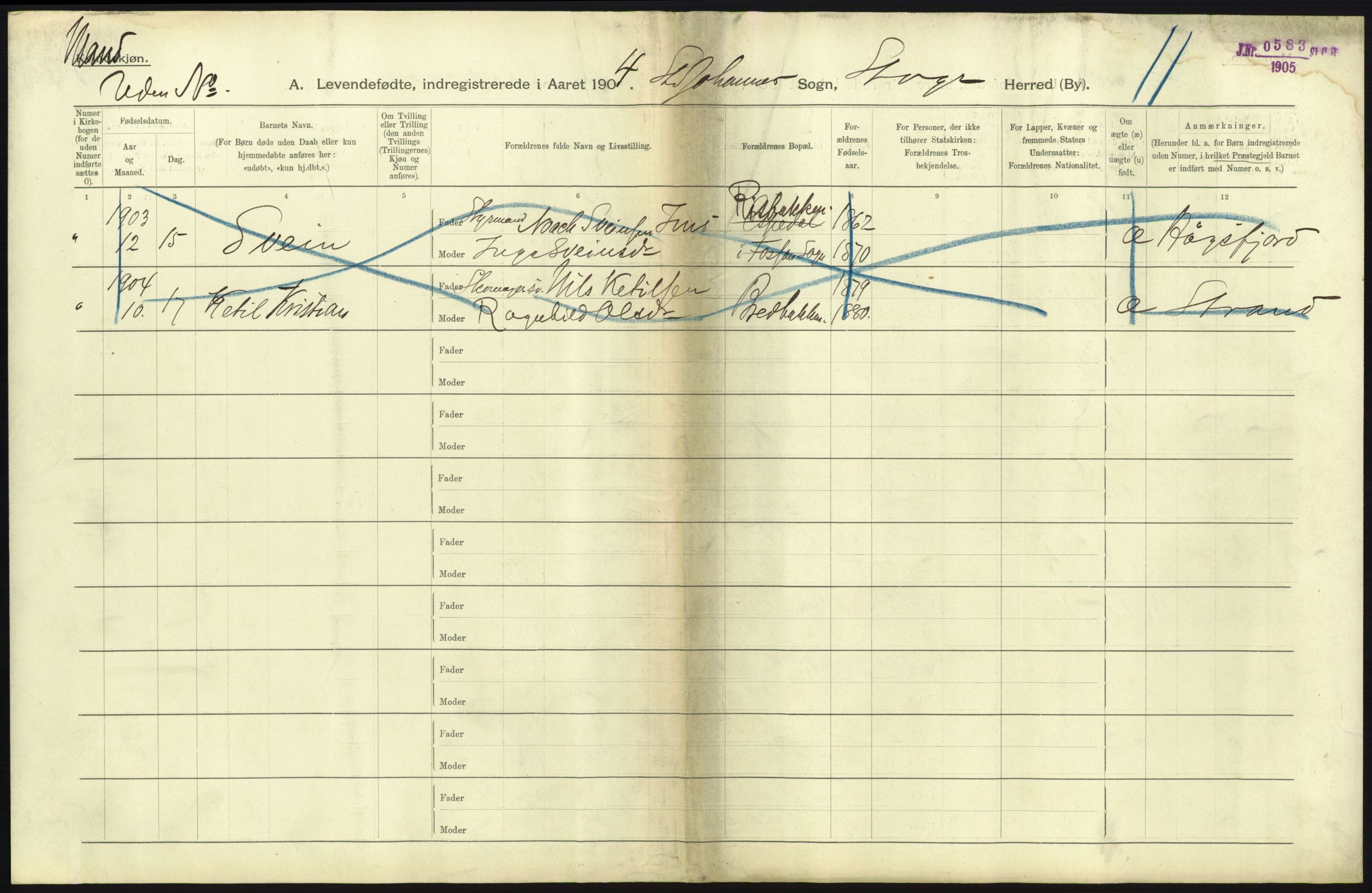 Statistisk sentralbyrå, Sosiodemografiske emner, Befolkning, AV/RA-S-2228/D/Df/Dfa/Dfab/L0012: Stavanger amt: Fødte, gifte, døde, 1904, p. 45