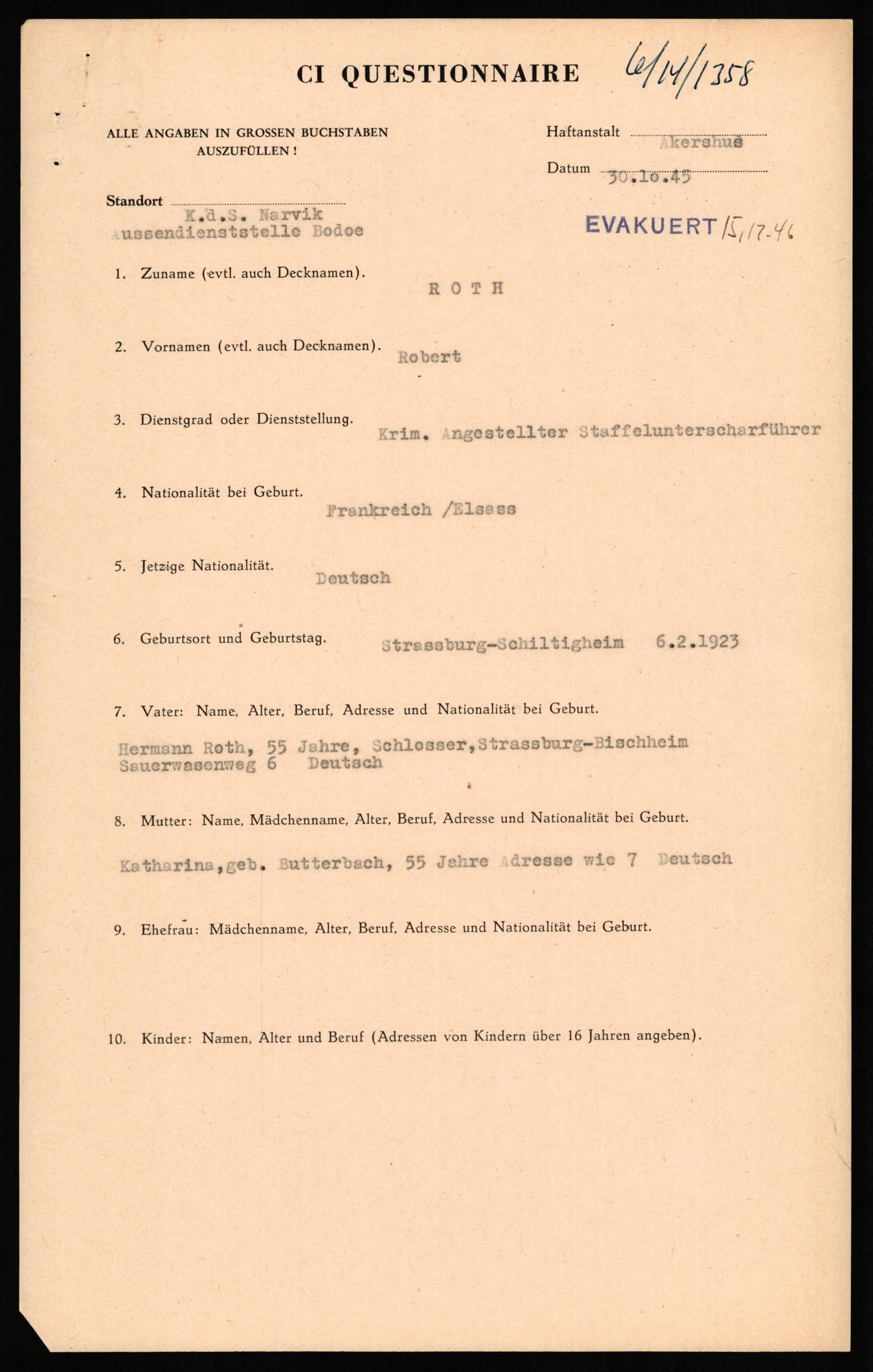 Forsvaret, Forsvarets overkommando II, RA/RAFA-3915/D/Db/L0028: CI Questionaires. Tyske okkupasjonsstyrker i Norge. Tyskere., 1945-1946, p. 164