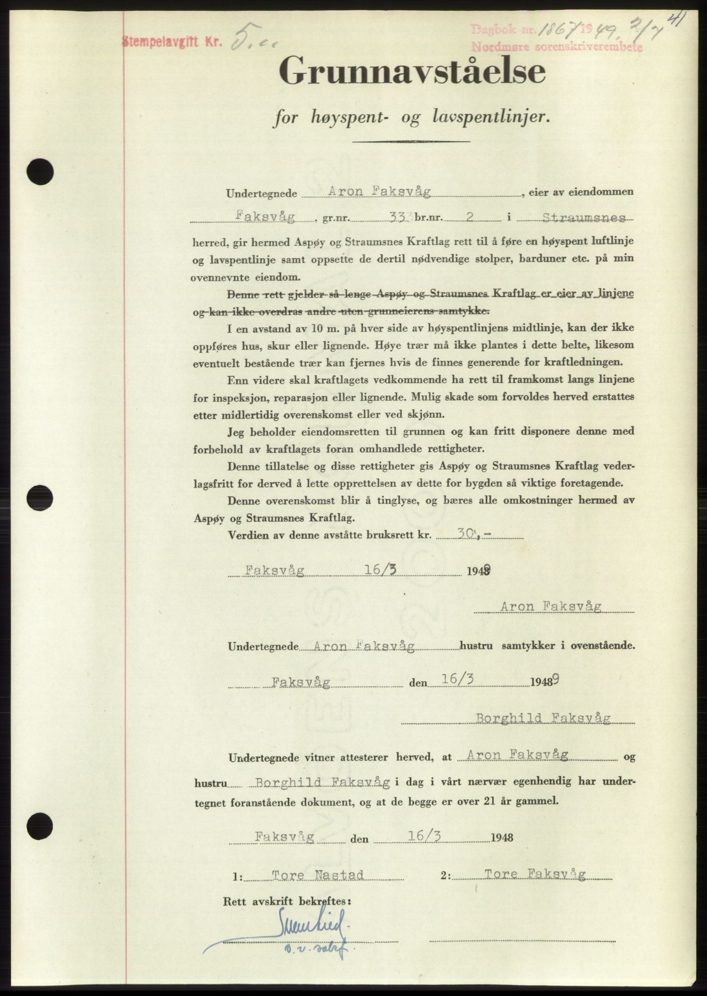 Nordmøre sorenskriveri, AV/SAT-A-4132/1/2/2Ca: Mortgage book no. B102, 1949-1949, Diary no: : 1867/1949