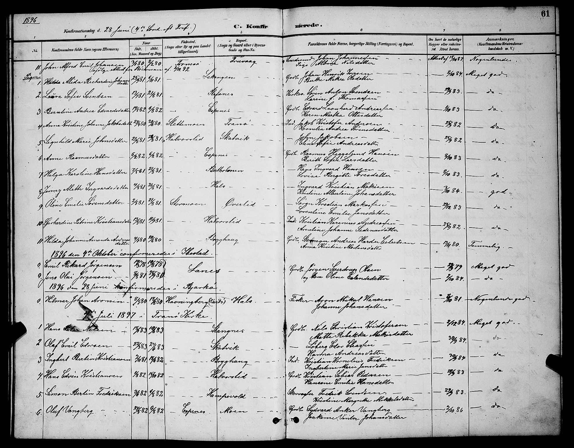 Tranøy sokneprestkontor, SATØ/S-1313/I/Ia/Iab/L0004klokker: Parish register (copy) no. 4, 1888-1901, p. 61