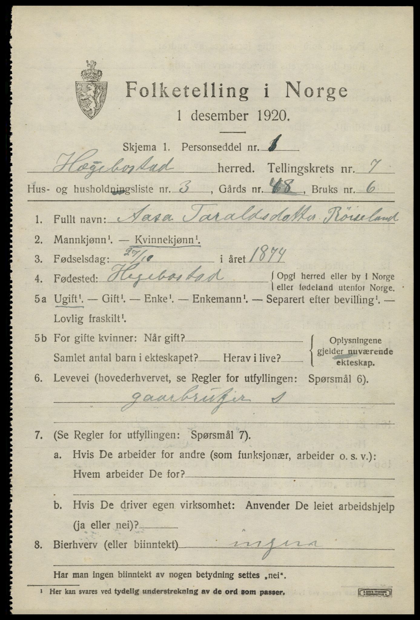 SAK, 1920 census for Hægebostad, 1920, p. 2127
