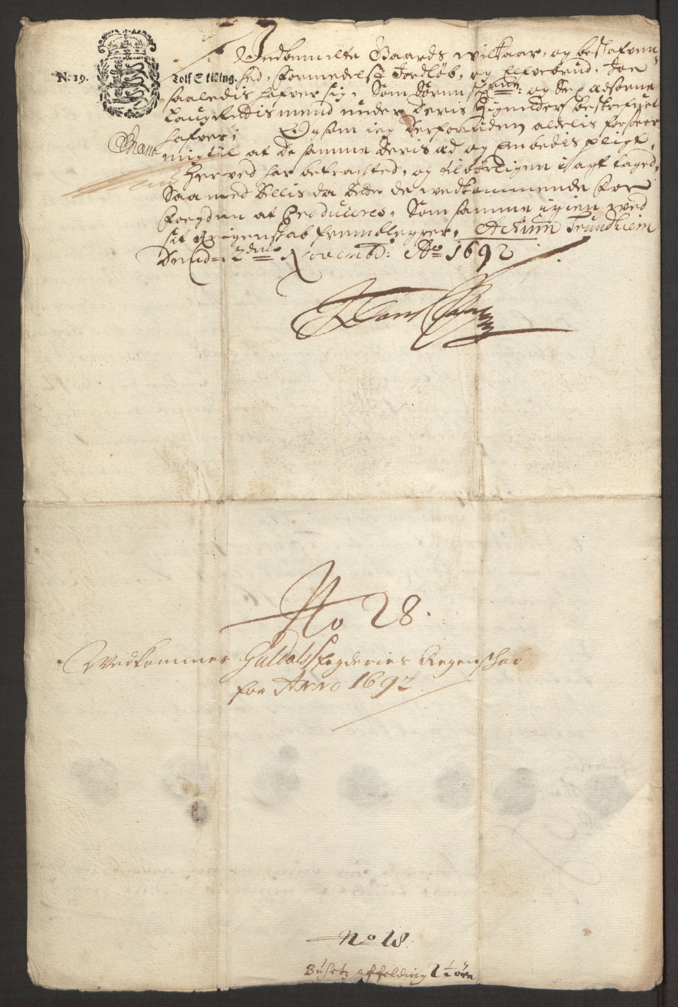 Rentekammeret inntil 1814, Reviderte regnskaper, Fogderegnskap, AV/RA-EA-4092/R59/L3942: Fogderegnskap Gauldal, 1692, p. 290