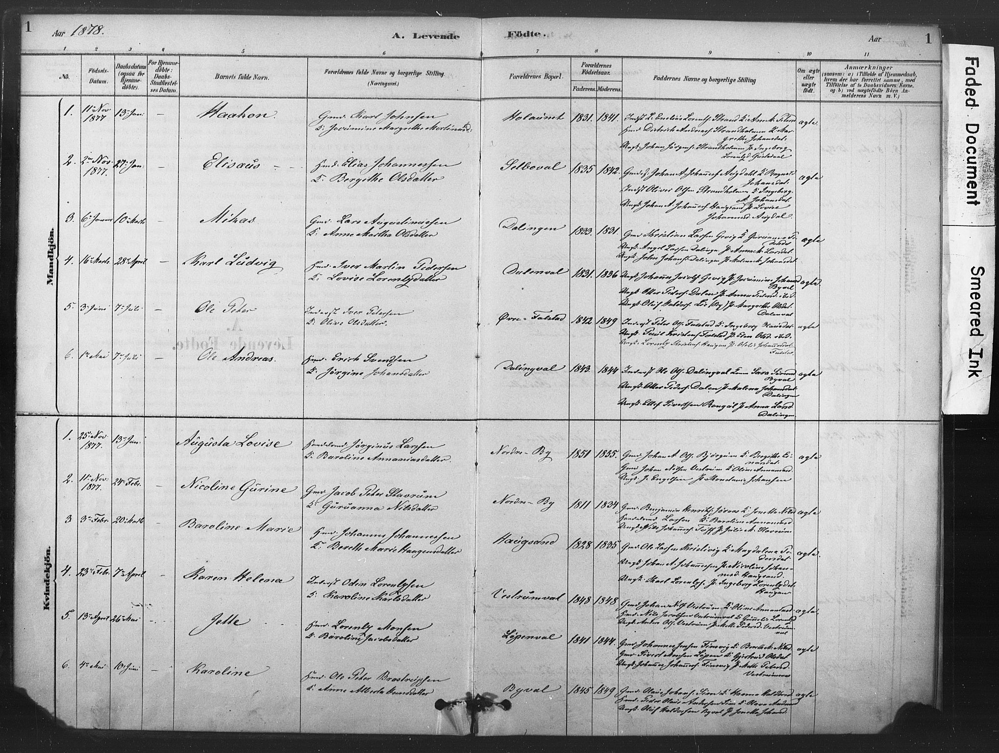 Ministerialprotokoller, klokkerbøker og fødselsregistre - Nord-Trøndelag, SAT/A-1458/719/L0178: Parish register (official) no. 719A01, 1878-1900, p. 1