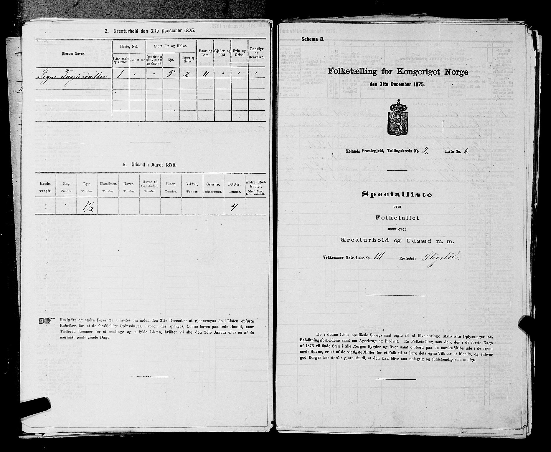 SAKO, 1875 census for 0831P Moland, 1875, p. 150