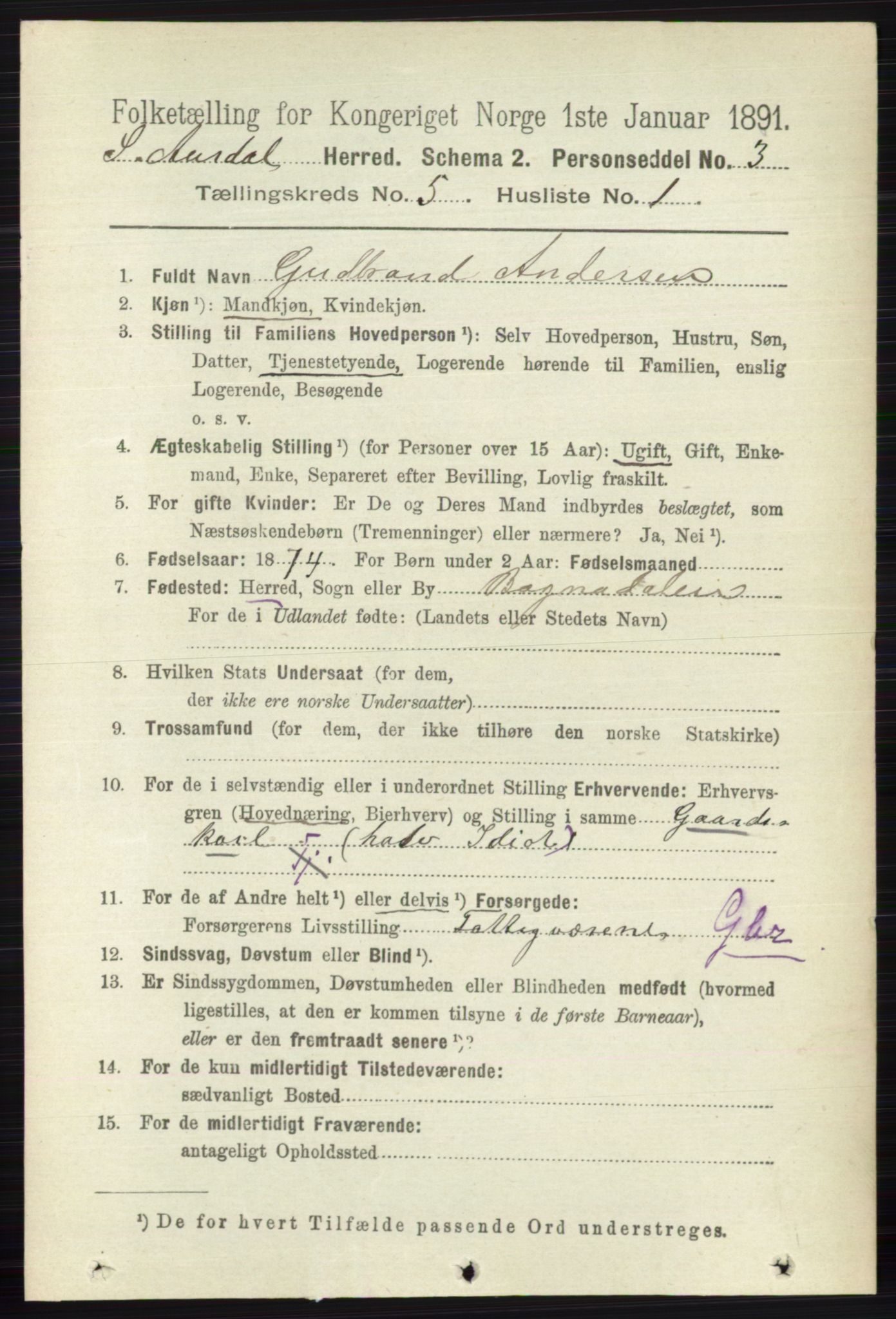 RA, 1891 census for 0540 Sør-Aurdal, 1891, p. 3158