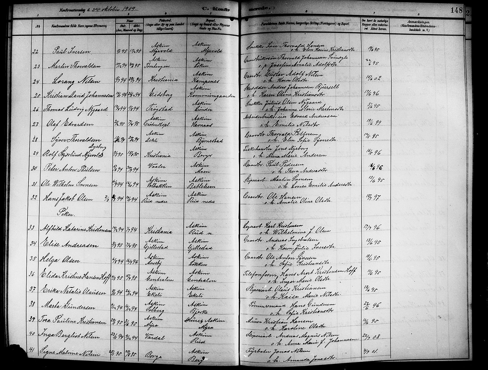 Askim prestekontor Kirkebøker, SAO/A-10900/G/Ga/L0002: Parish register (copy) no. 2, 1903-1921, p. 148
