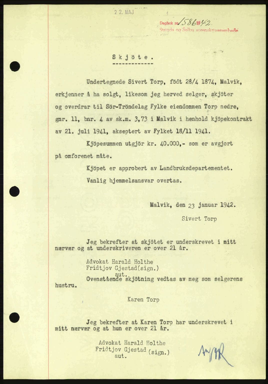 Strinda og Selbu sorenskriveri, AV/SAT-A-0015/2/2C: Mortgage book no. A6, 1941-1942, Diary no: : 1586/1942