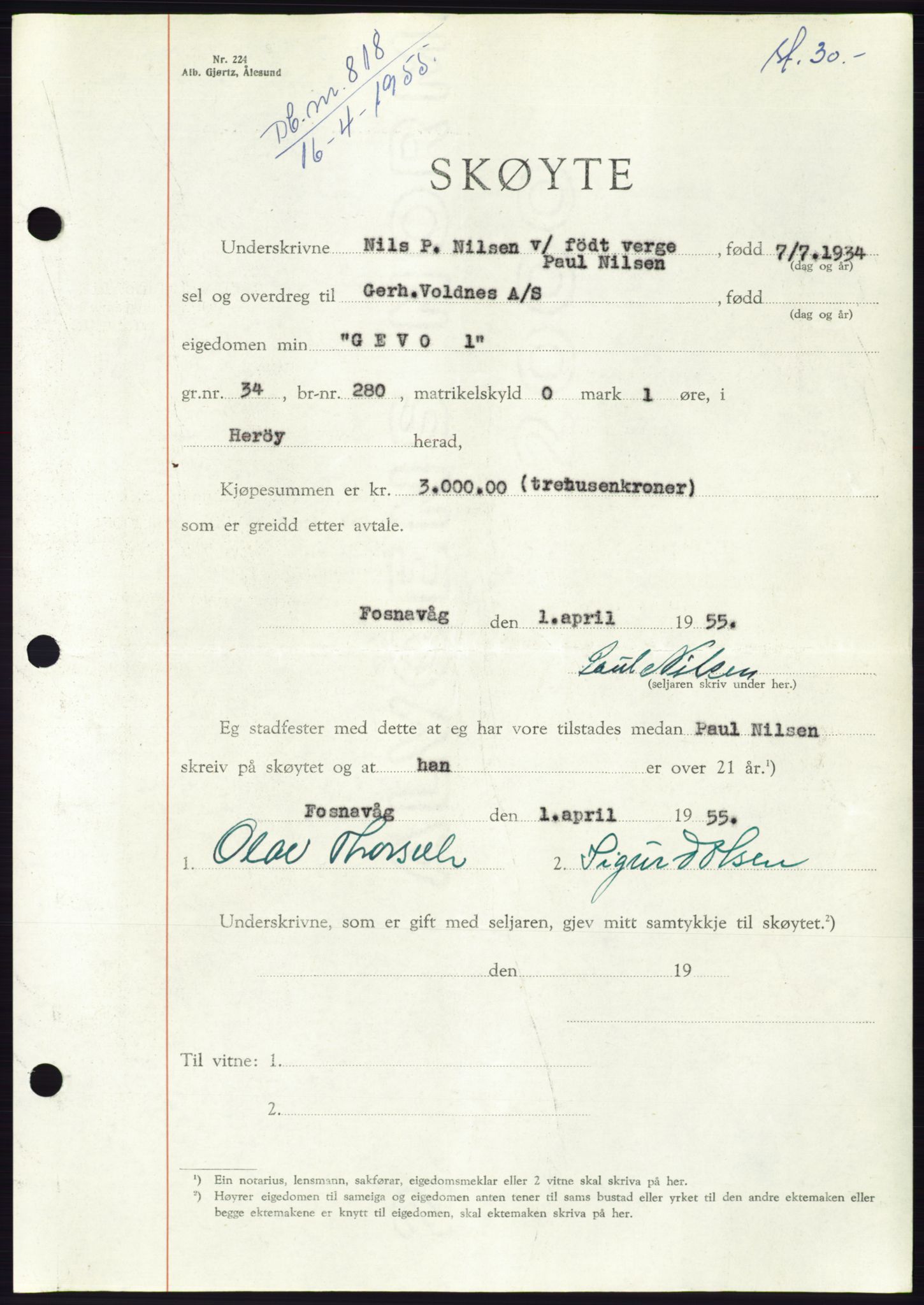 Søre Sunnmøre sorenskriveri, AV/SAT-A-4122/1/2/2C/L0100: Mortgage book no. 26A, 1954-1955, Diary no: : 818/1955