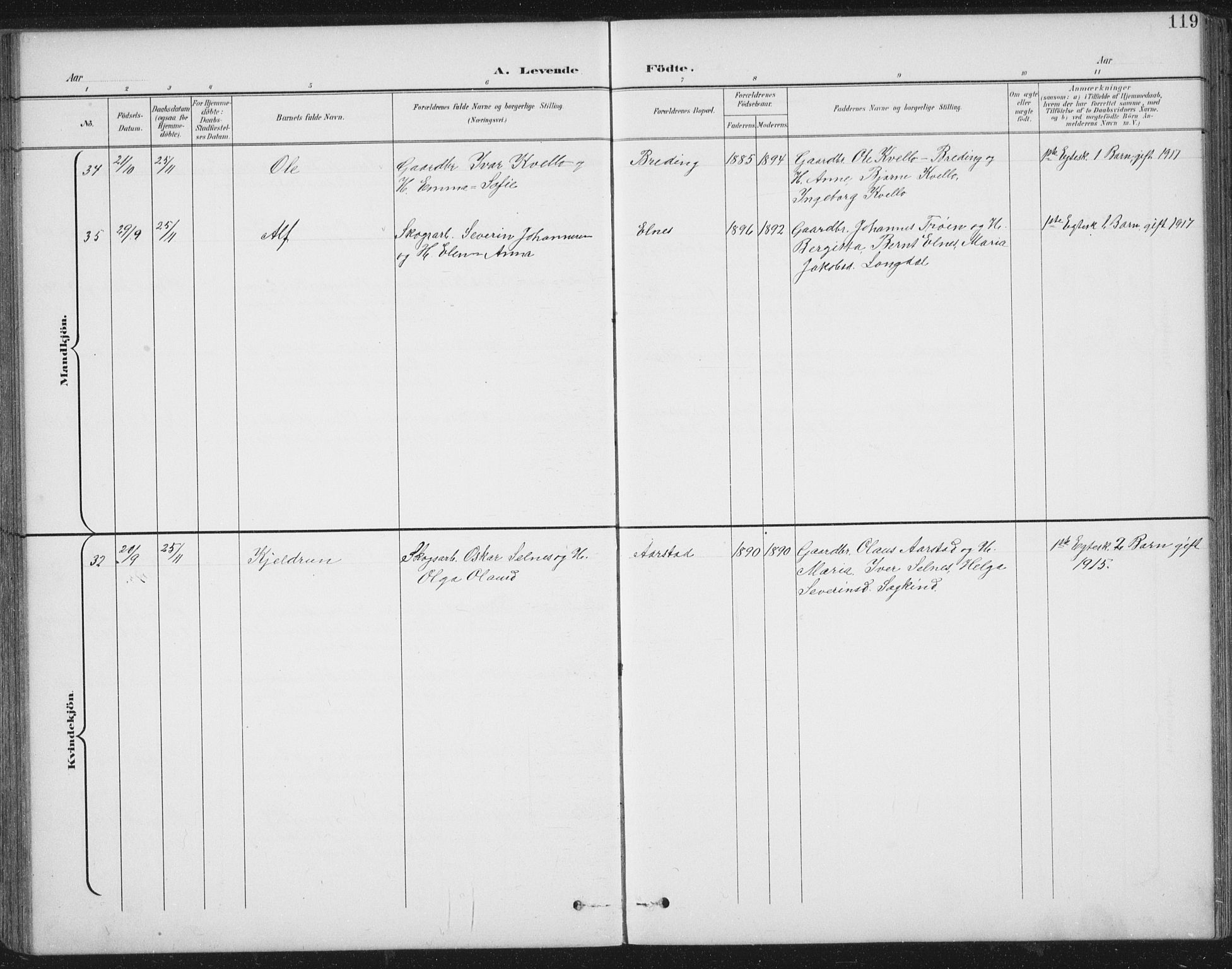 Ministerialprotokoller, klokkerbøker og fødselsregistre - Nord-Trøndelag, SAT/A-1458/724/L0269: Parish register (copy) no. 724C05, 1899-1920, p. 119