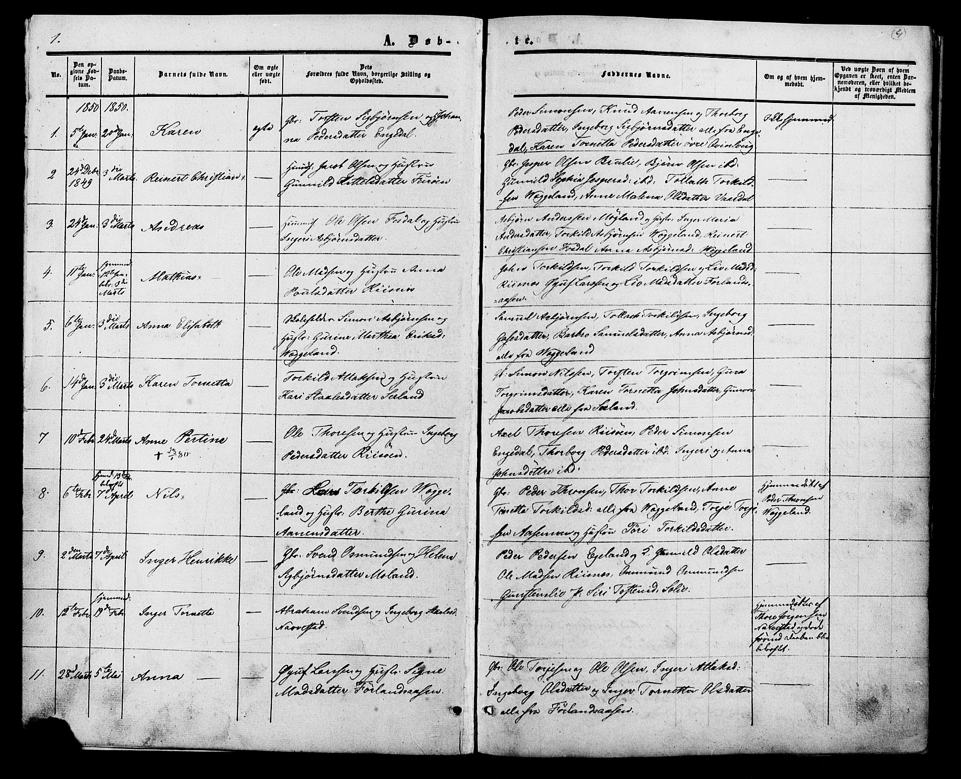 Fjotland sokneprestkontor, SAK/1111-0010/F/Fa/L0001: Parish register (official) no. A 1, 1850-1879, p. 4