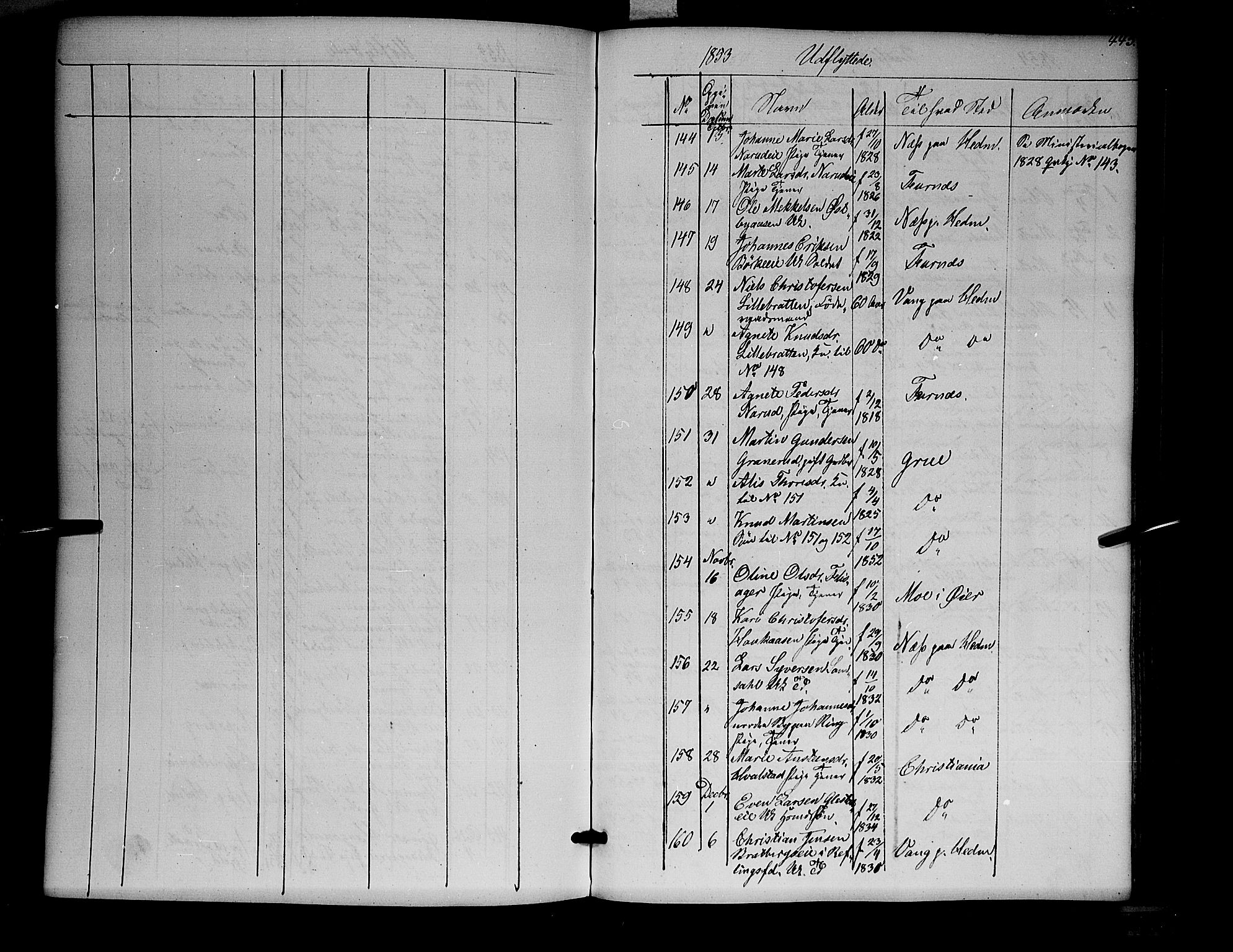 Ringsaker prestekontor, SAH/PREST-014/K/Ka/L0009: Parish register (official) no. 9, 1850-1860, p. 443