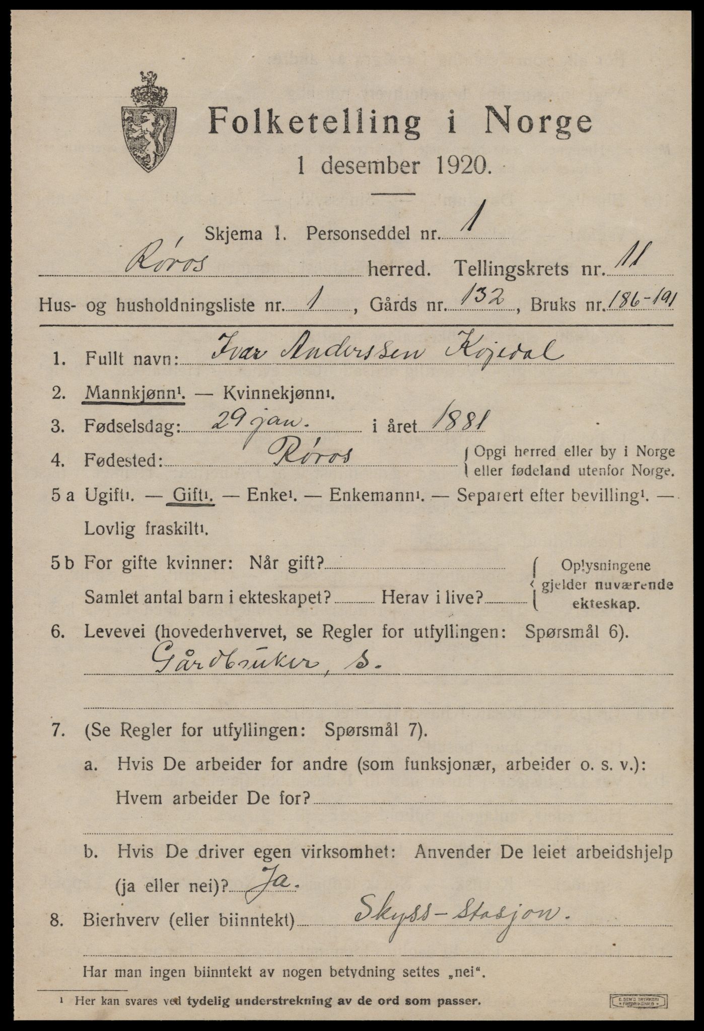 SAT, 1920 census for Røros, 1920, p. 8540