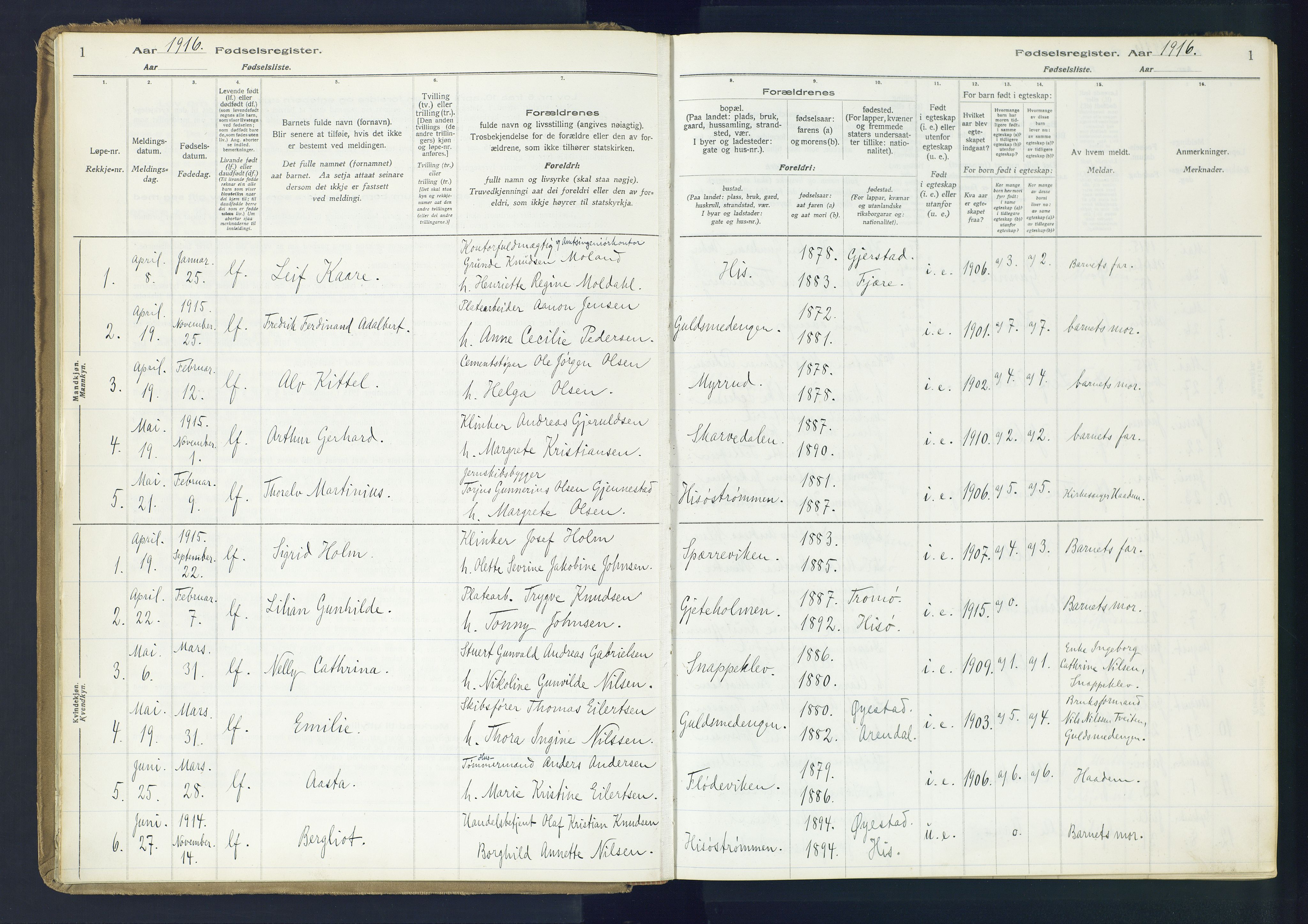 Hisøy sokneprestkontor, SAK/1111-0020/J/Ja/L0001: Birth register no. A-VI-14, 1916-1951, p. 1