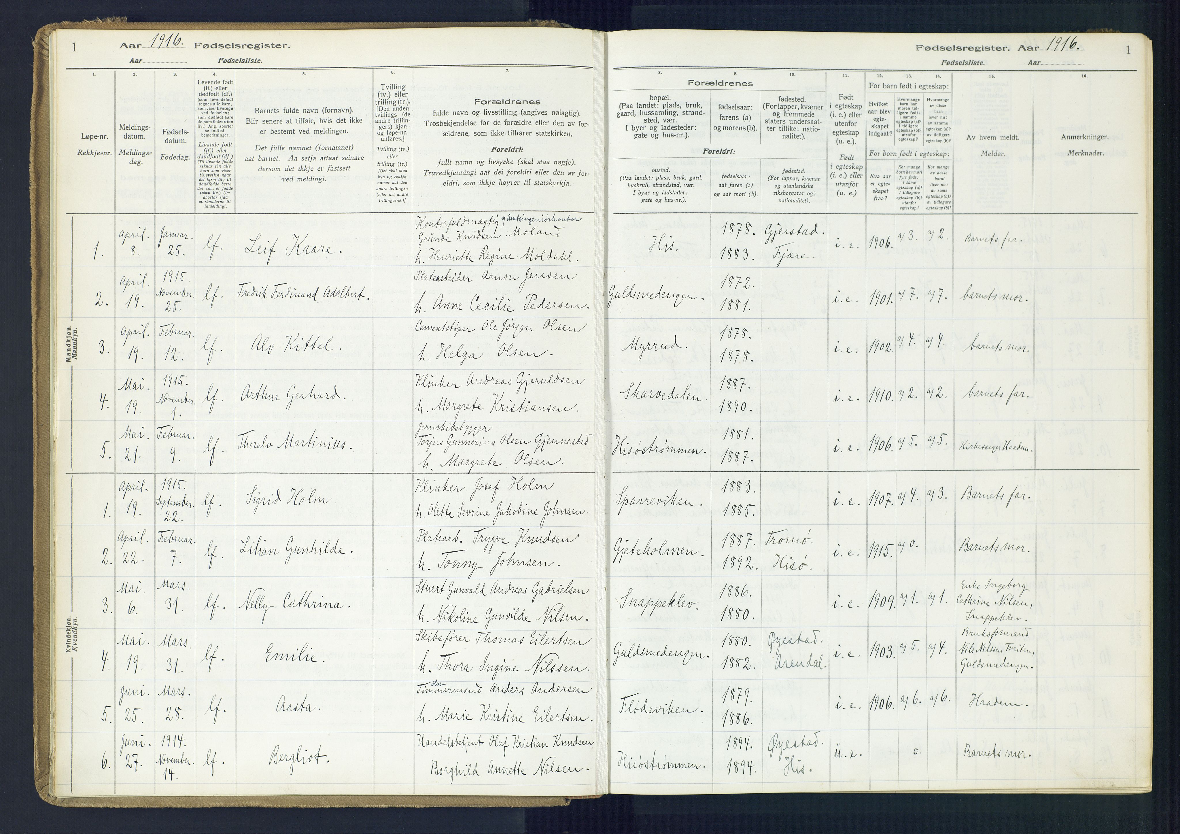 Hisøy sokneprestkontor, AV/SAK-1111-0020/J/Ja/L0001: Birth register no. A-VI-14, 1916-1951, p. 1