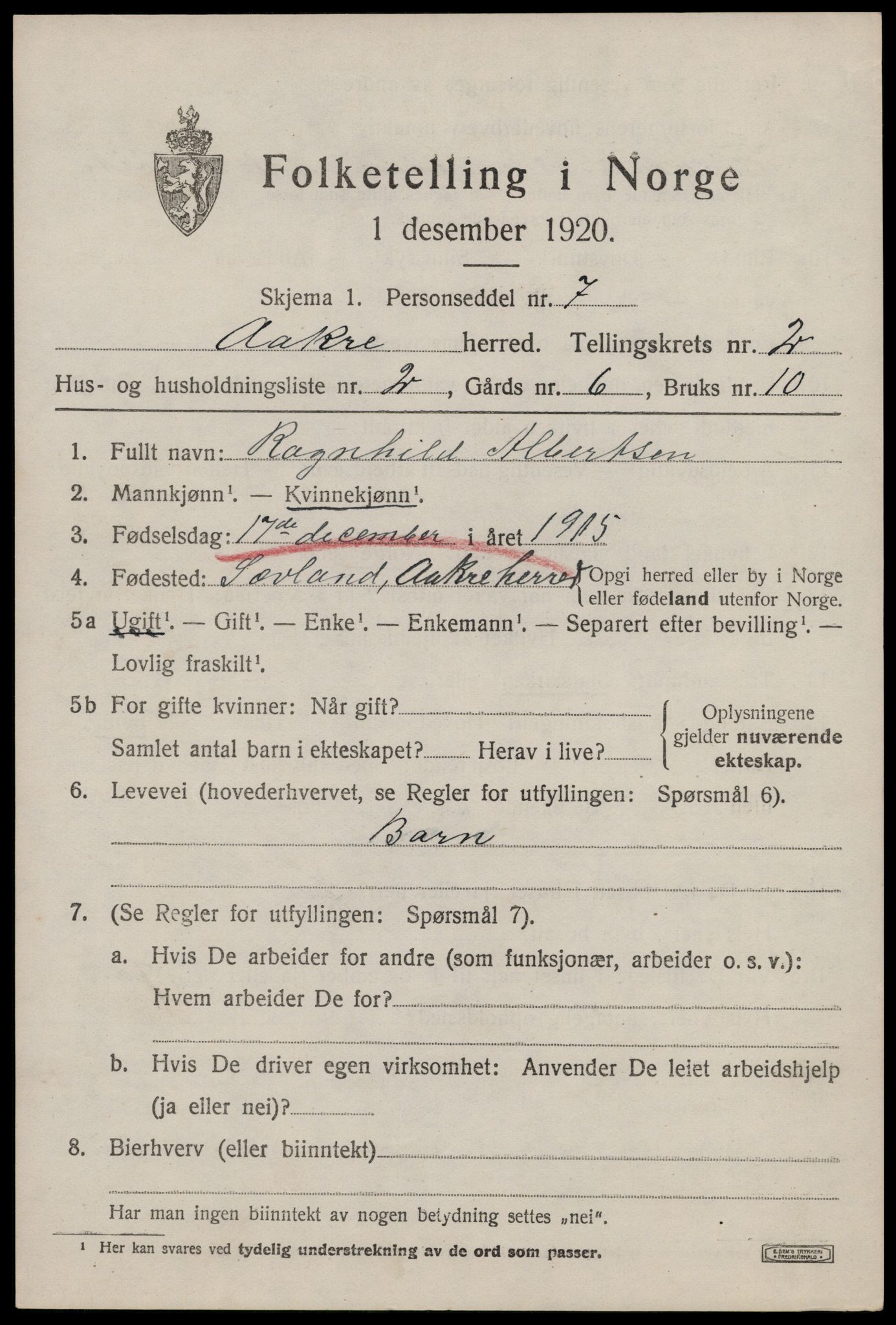 SAST, 1920 census for Åkra, 1920, p. 2972