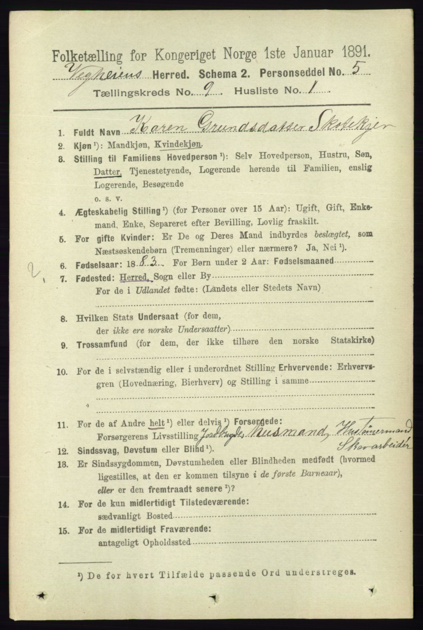 RA, 1891 census for 0912 Vegårshei, 1891, p. 1738