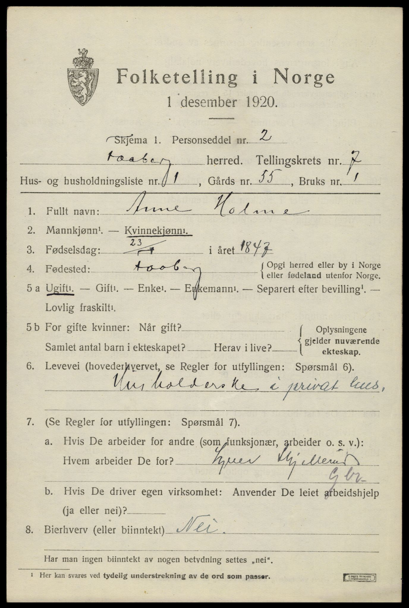 SAH, 1920 census for Fåberg, 1920, p. 7632