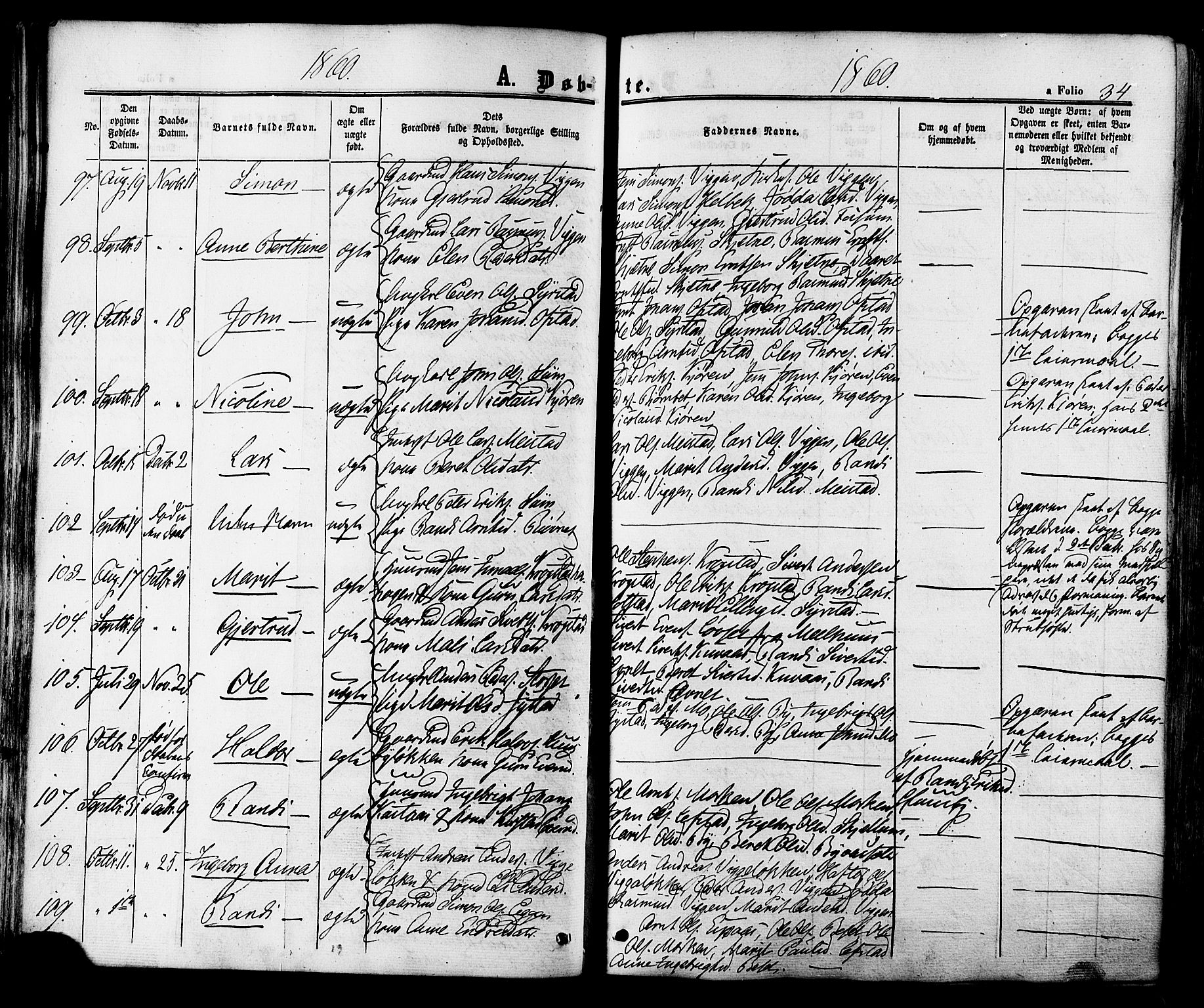 Ministerialprotokoller, klokkerbøker og fødselsregistre - Sør-Trøndelag, SAT/A-1456/665/L0772: Parish register (official) no. 665A07, 1856-1878, p. 34