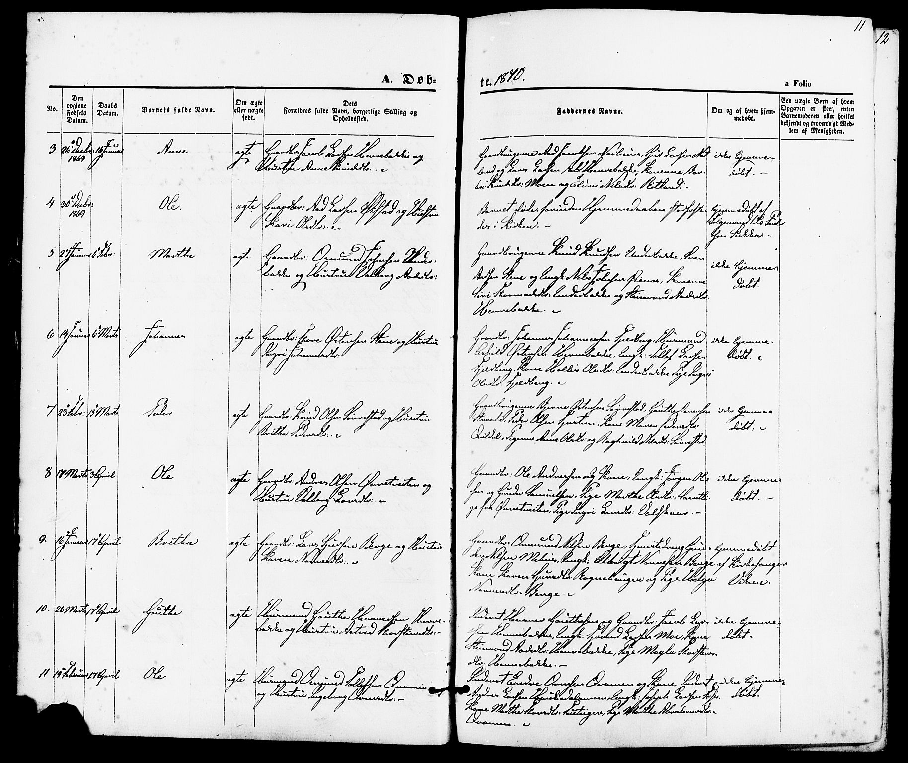 Suldal sokneprestkontor, AV/SAST-A-101845/01/IV/L0010: Parish register (official) no. A 10, 1869-1878, p. 11