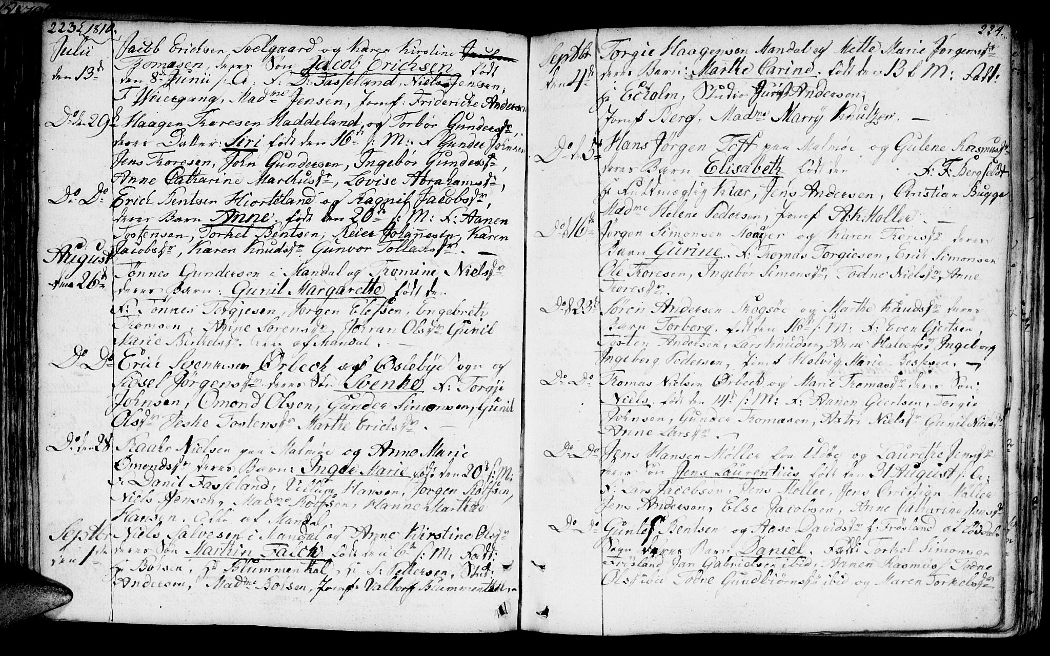 Mandal sokneprestkontor, SAK/1111-0030/F/Fa/Faa/L0008: Parish register (official) no. A 8, 1794-1817, p. 223-224