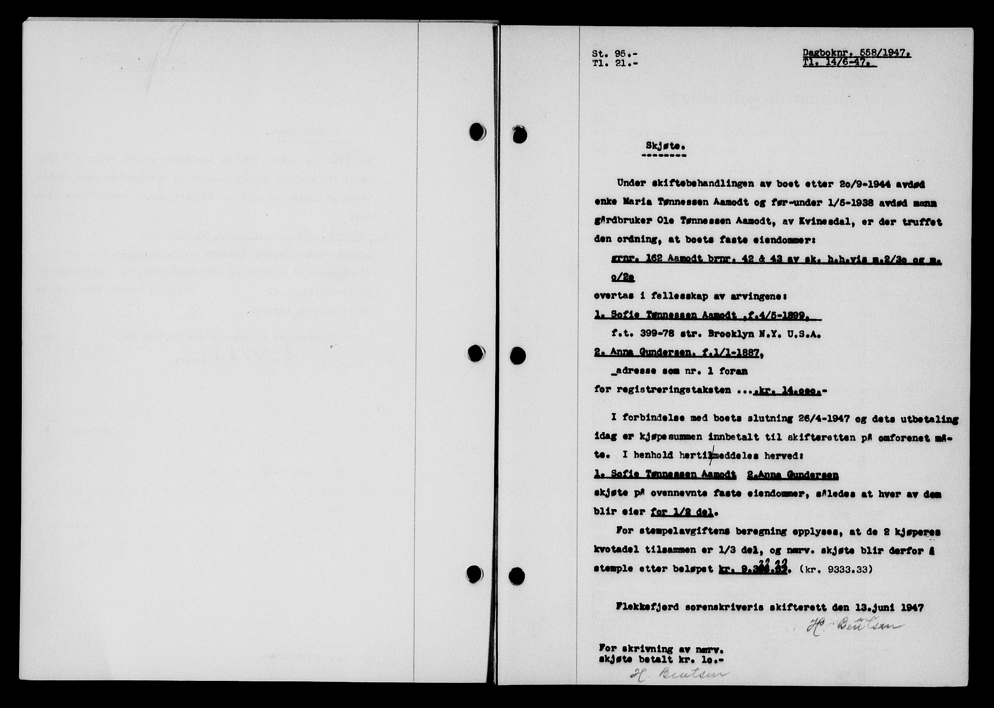 Flekkefjord sorenskriveri, SAK/1221-0001/G/Gb/Gba/L0062: Mortgage book no. A-10, 1947-1947, Diary no: : 558/1947