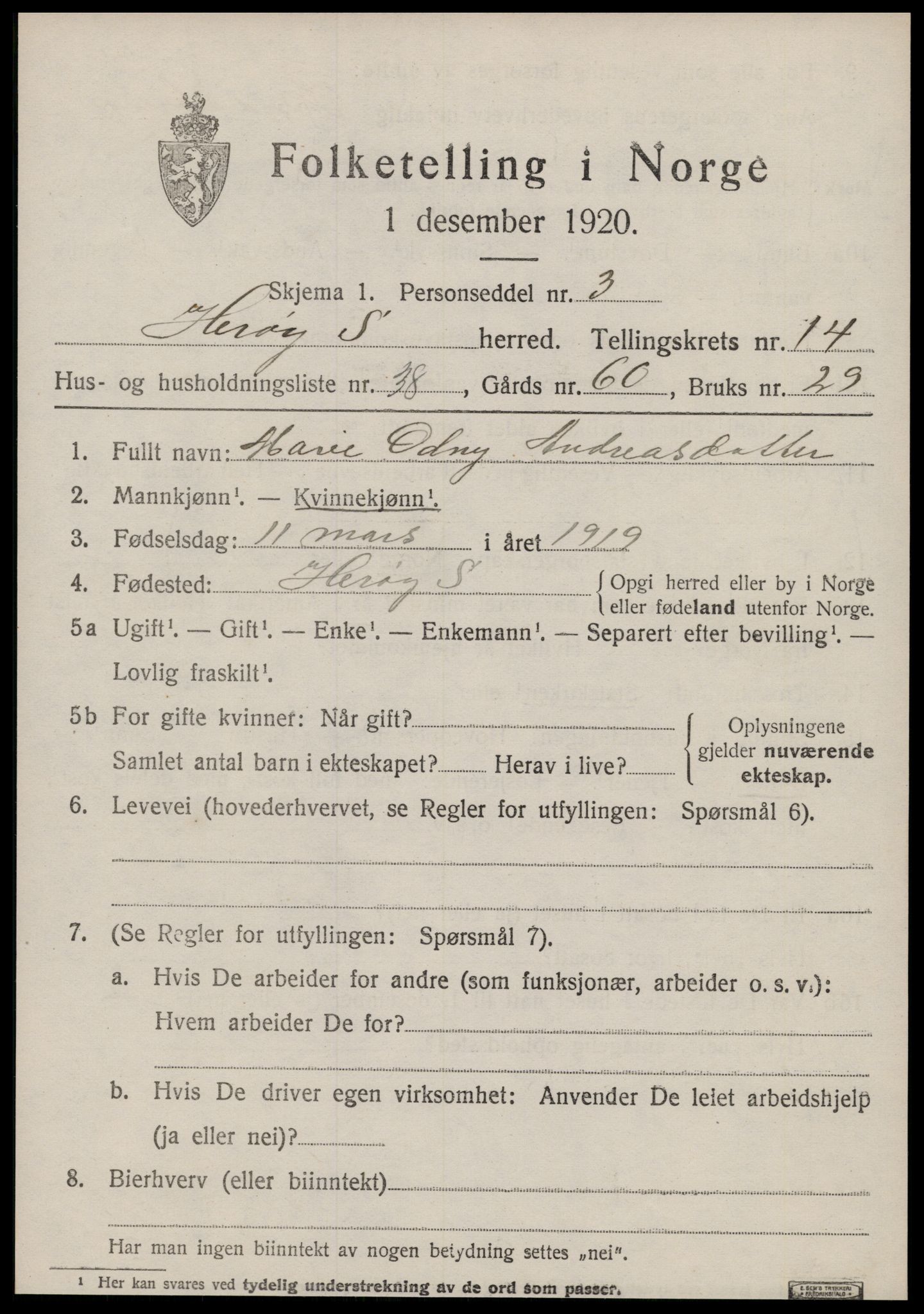 SAT, 1920 census for Herøy (MR), 1920, p. 9071