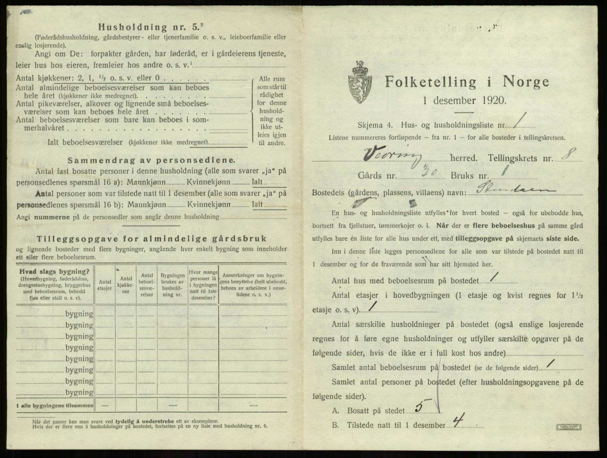 SAB, 1920 census for Vevring, 1920, p. 354