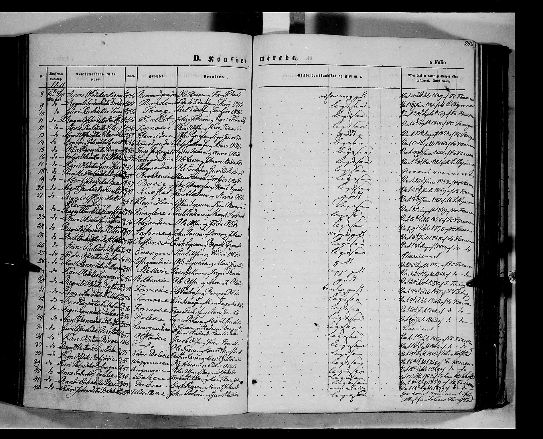 Vågå prestekontor, AV/SAH-PREST-076/H/Ha/Haa/L0006: Parish register (official) no. 6 /1, 1856-1872, p. 242