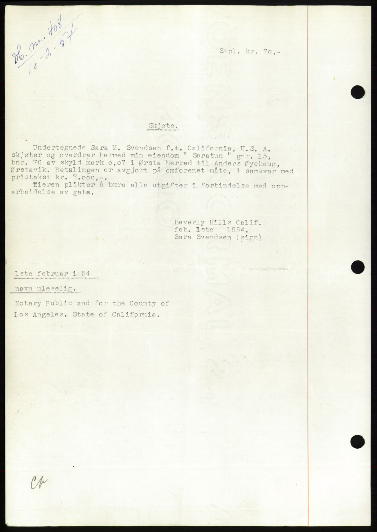 Søre Sunnmøre sorenskriveri, AV/SAT-A-4122/1/2/2C/L0097: Mortgage book no. 23A, 1954-1954, Diary no: : 408/1954