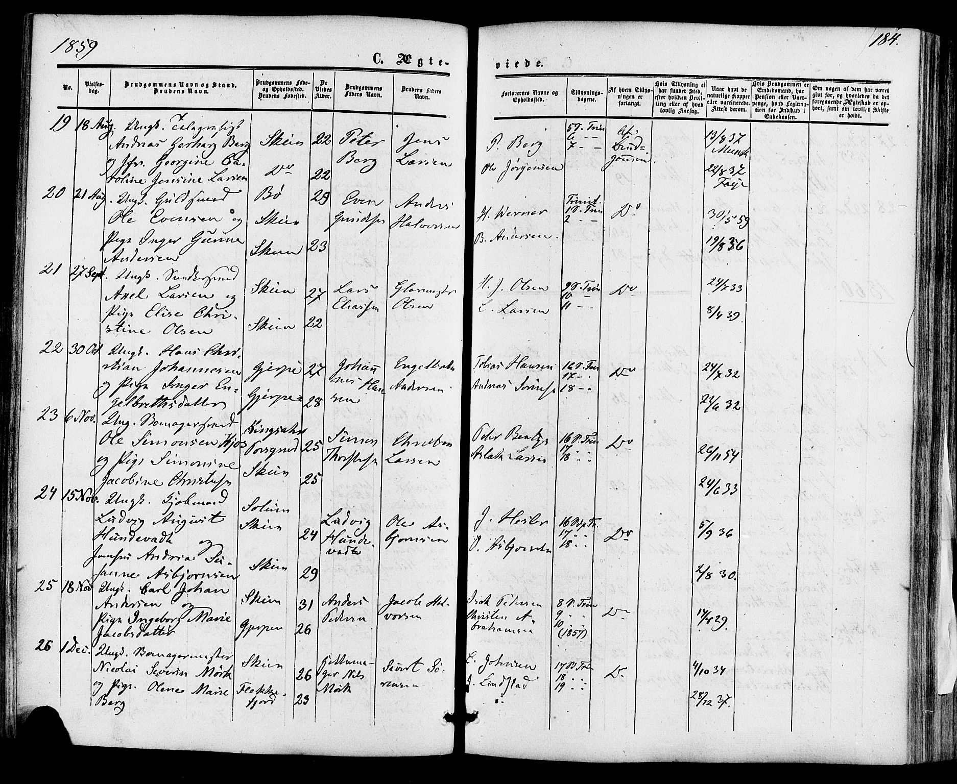Skien kirkebøker, SAKO/A-302/F/Fa/L0007: Parish register (official) no. 7, 1856-1865, p. 184