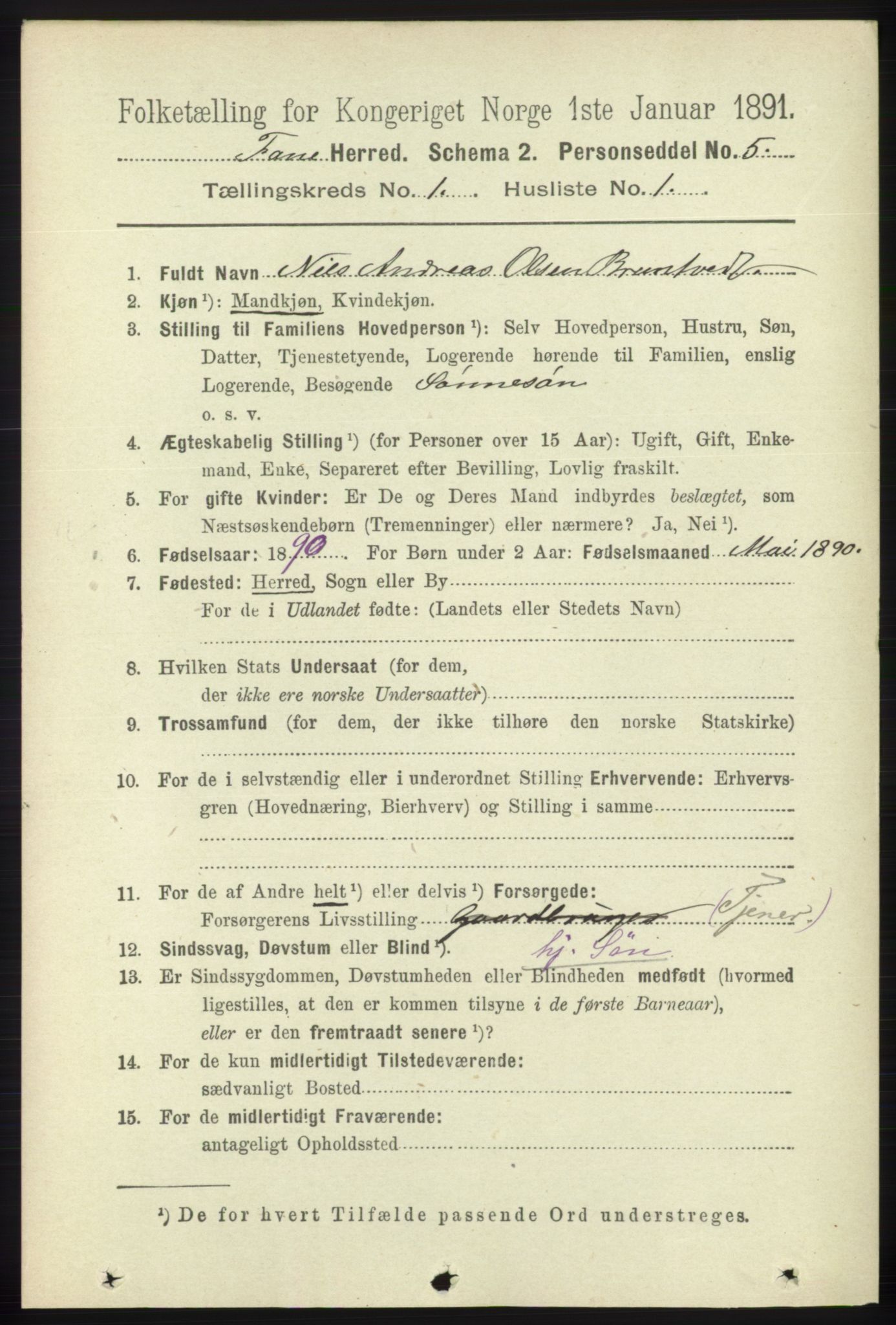 RA, 1891 census for 1249 Fana, 1891, p. 91