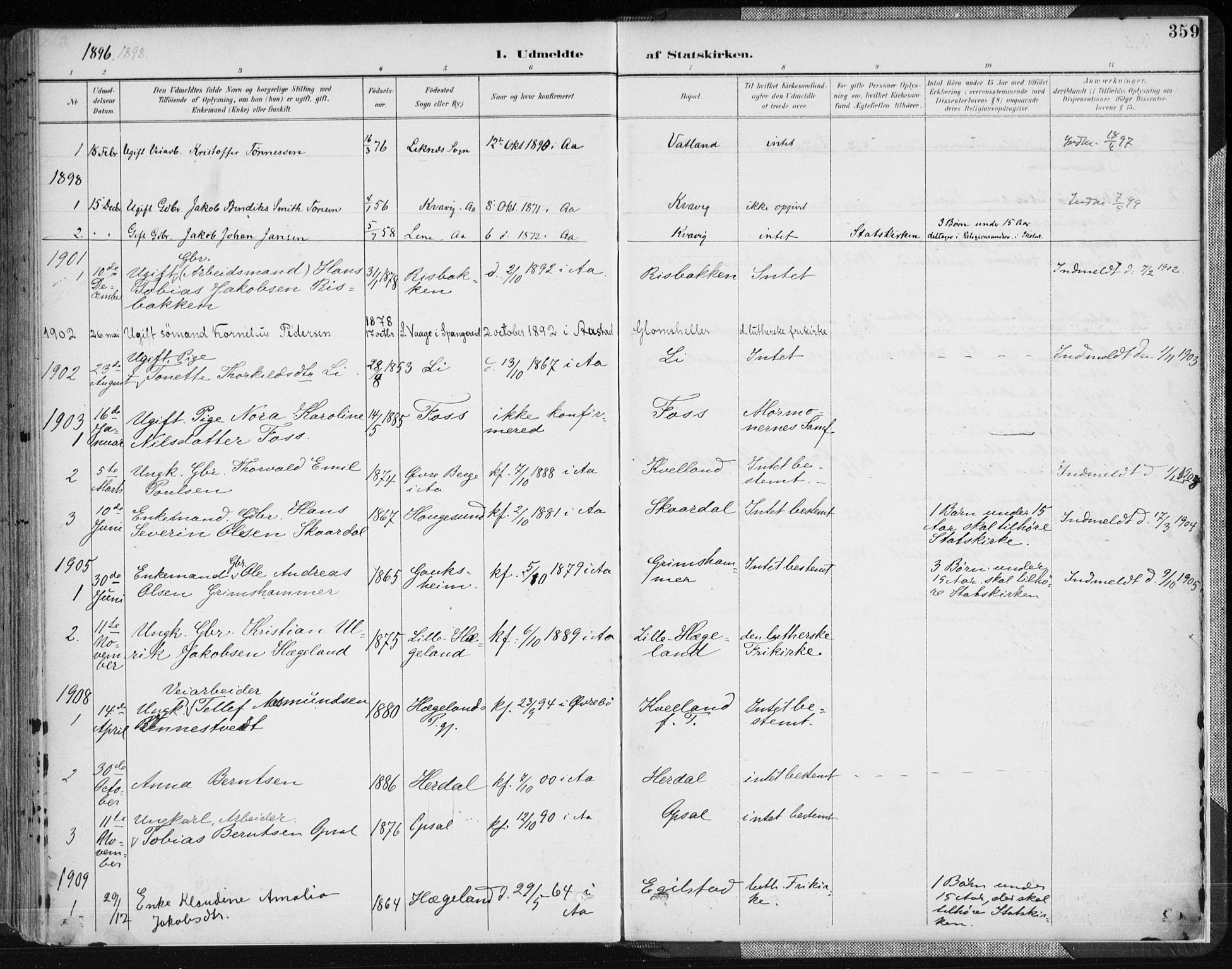 Lyngdal sokneprestkontor, AV/SAK-1111-0029/F/Fa/Fac/L0012: Parish register (official) no. A 12, 1894-1918, p. 359