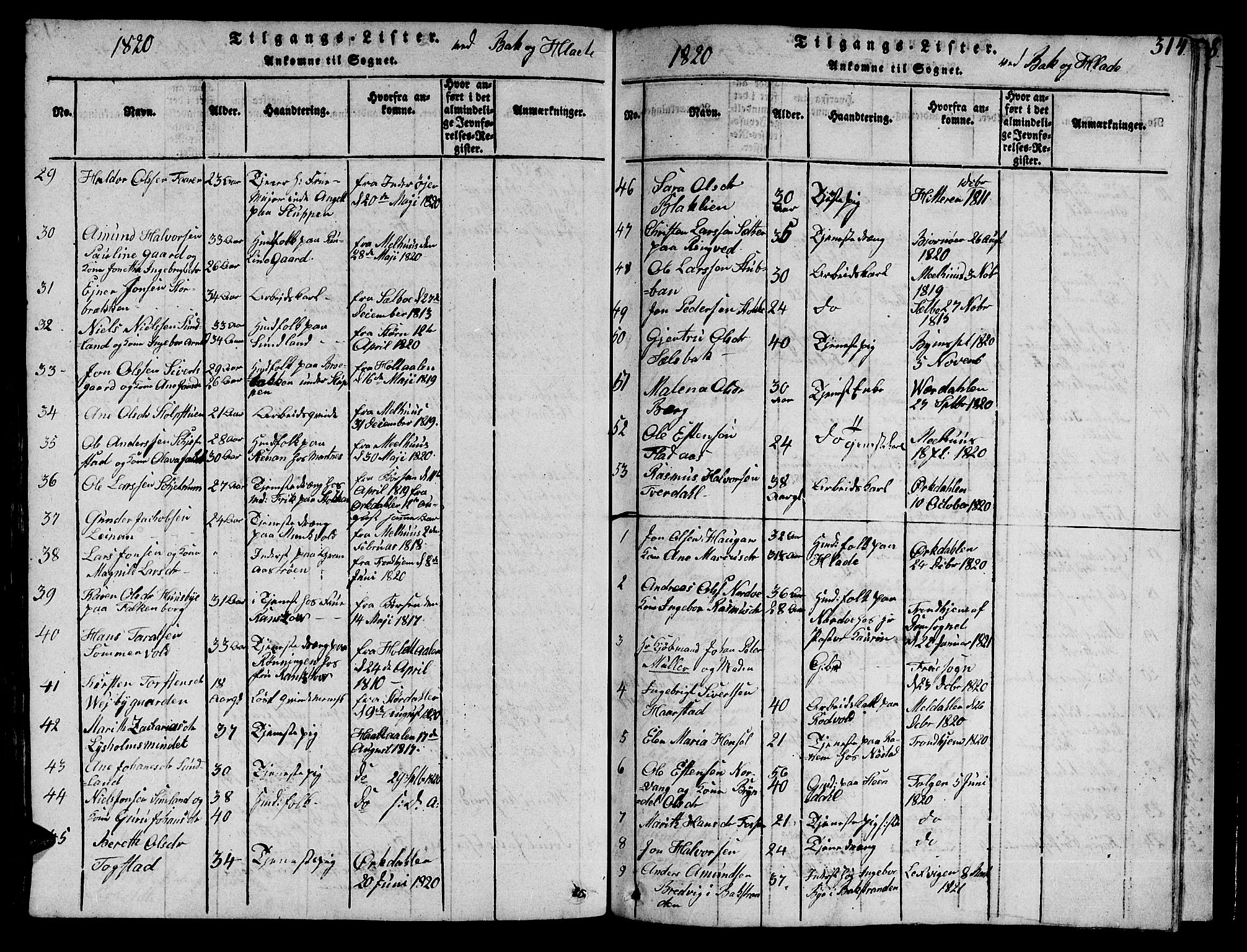 Ministerialprotokoller, klokkerbøker og fødselsregistre - Sør-Trøndelag, SAT/A-1456/606/L0307: Parish register (copy) no. 606C03, 1817-1824, p. 314