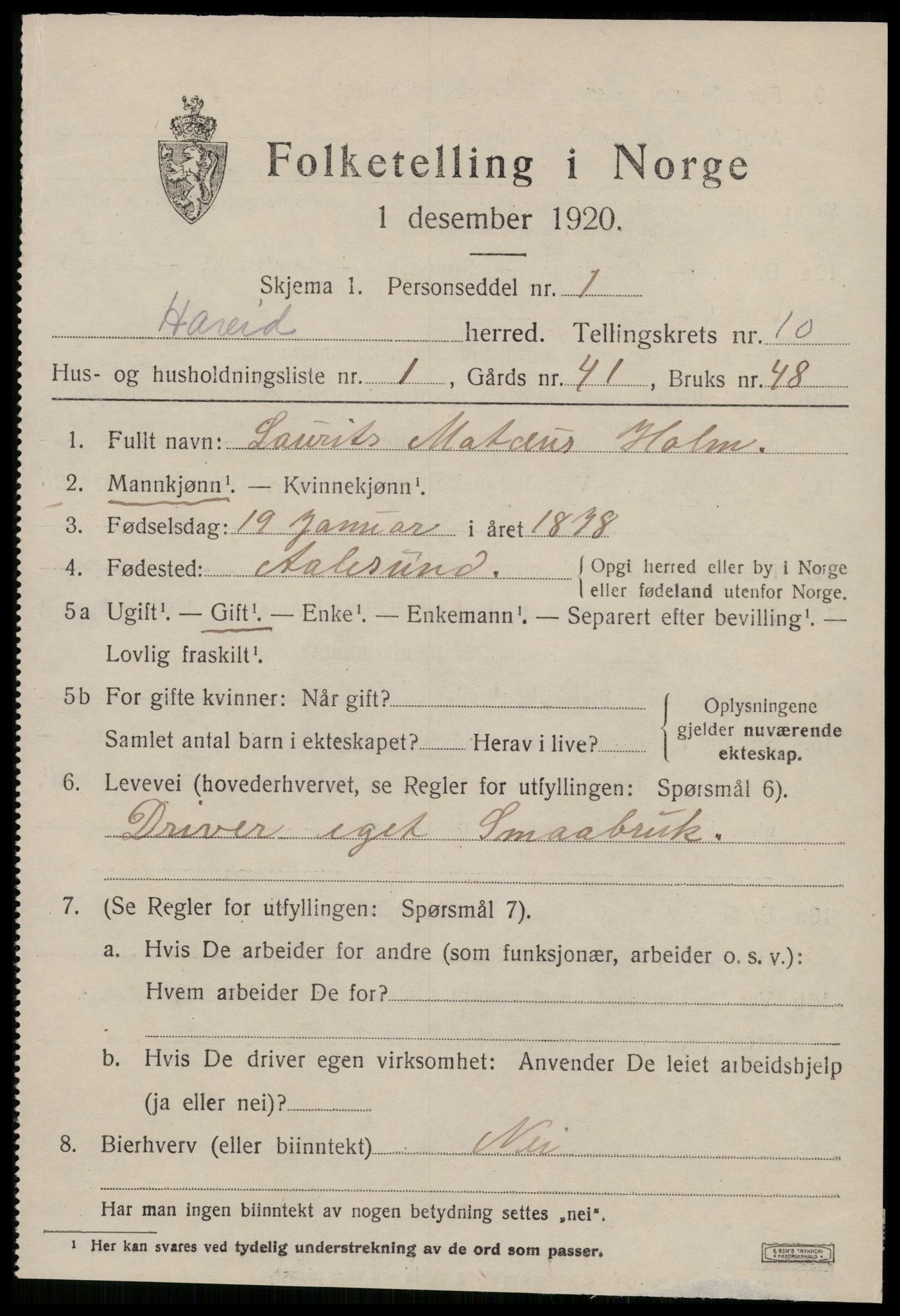 SAT, 1920 census for Hareid, 1920, p. 3519