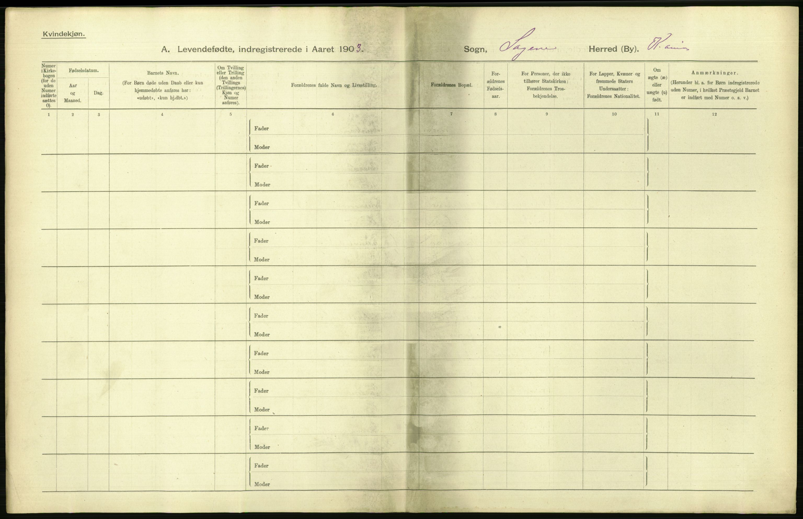 Statistisk sentralbyrå, Sosiodemografiske emner, Befolkning, AV/RA-S-2228/D/Df/Dfa/Dfaa/L0003: Kristiania: Fødte, 1903, p. 154