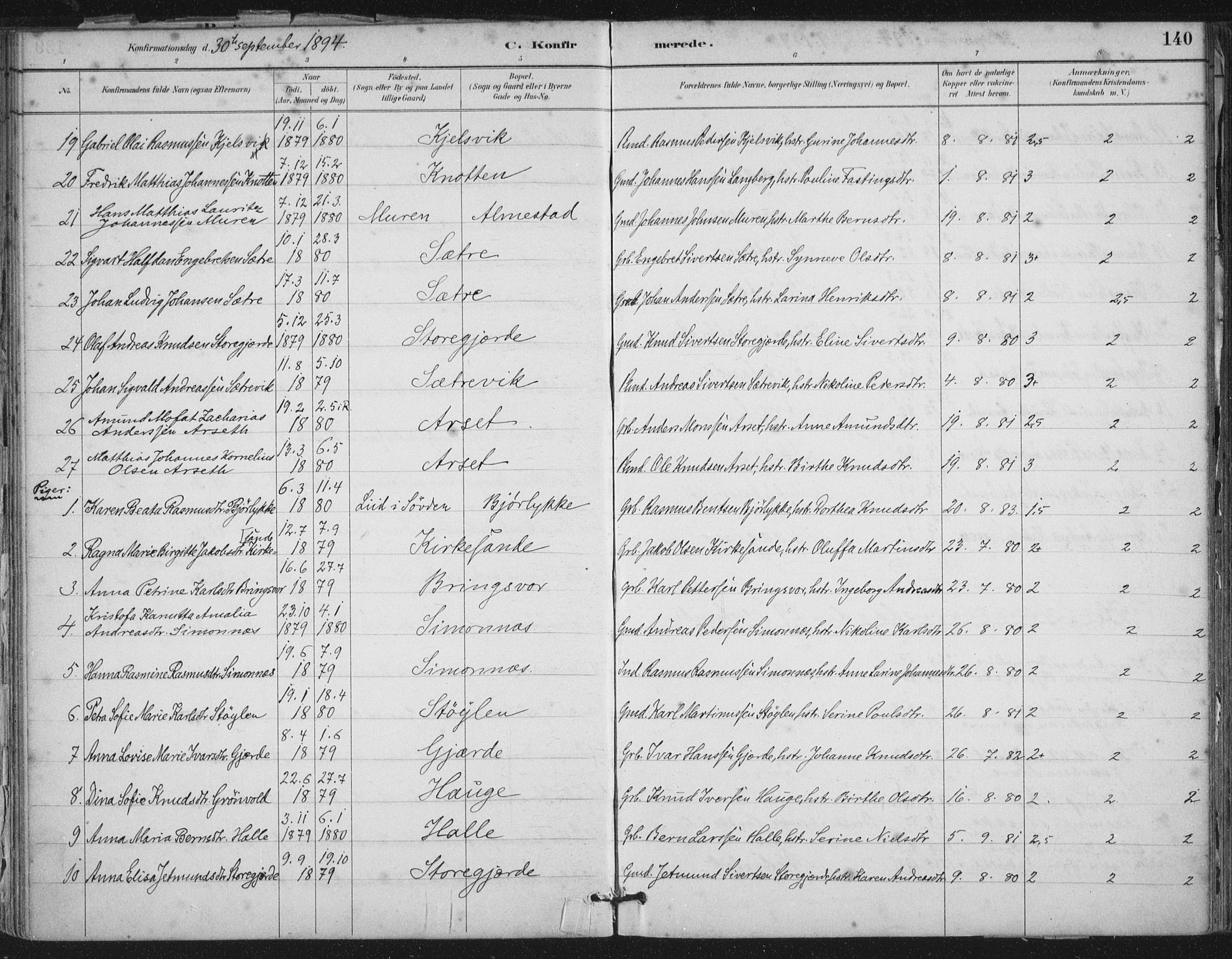 Ministerialprotokoller, klokkerbøker og fødselsregistre - Møre og Romsdal, SAT/A-1454/503/L0037: Parish register (official) no. 503A05, 1884-1900, p. 140