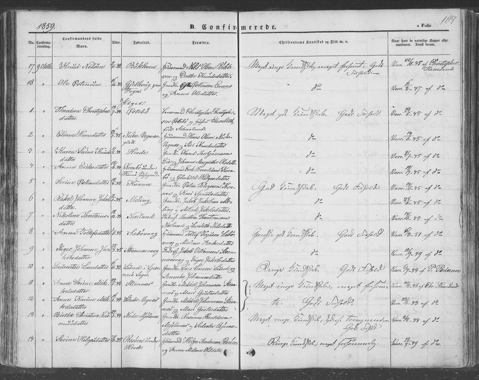 Finnøy sokneprestkontor, AV/SAST-A-101825/H/Ha/Haa/L0007: Parish register (official) no. A 7, 1847-1862, p. 107