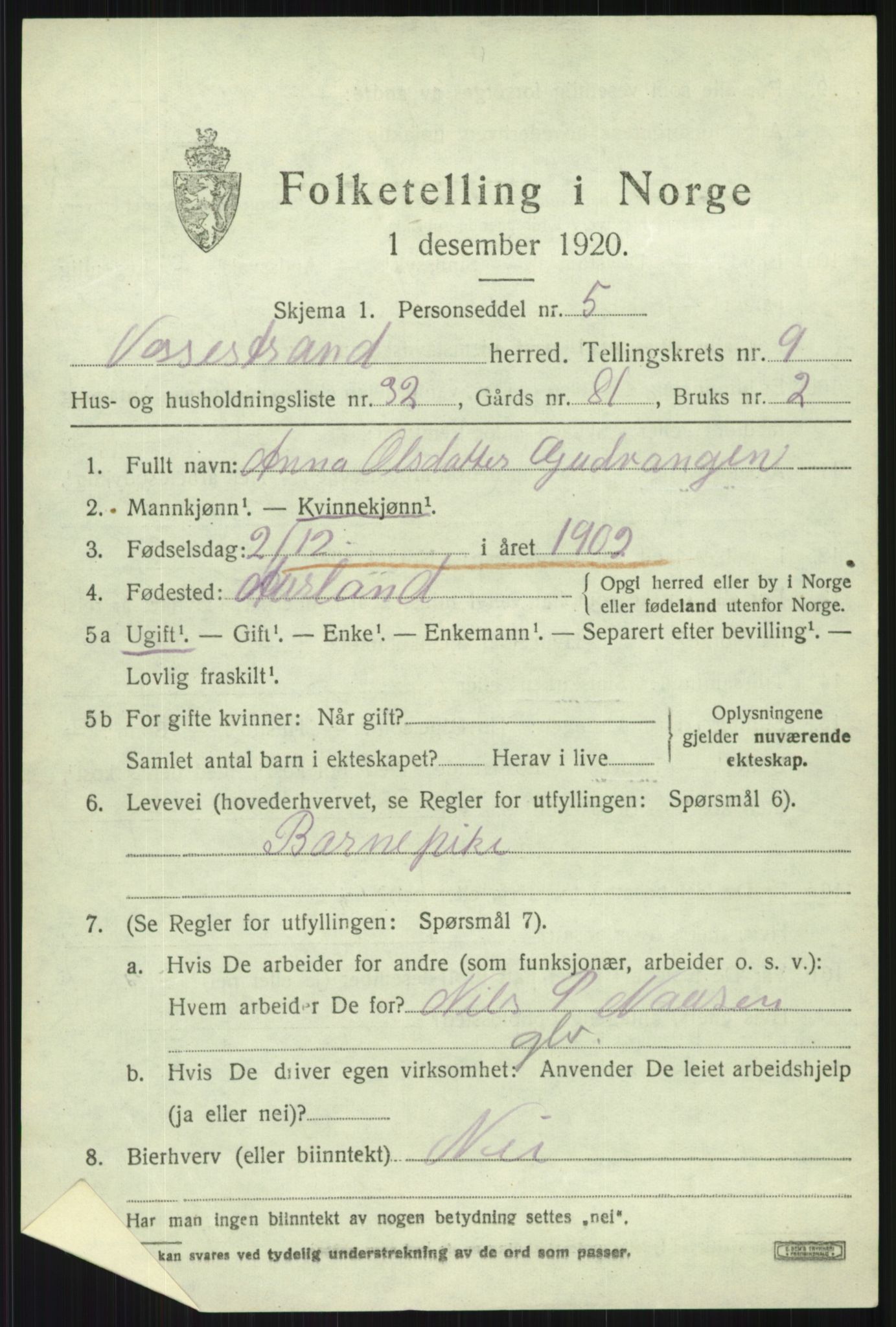 SAB, 1920 census for Vossestrand, 1920, p. 4218