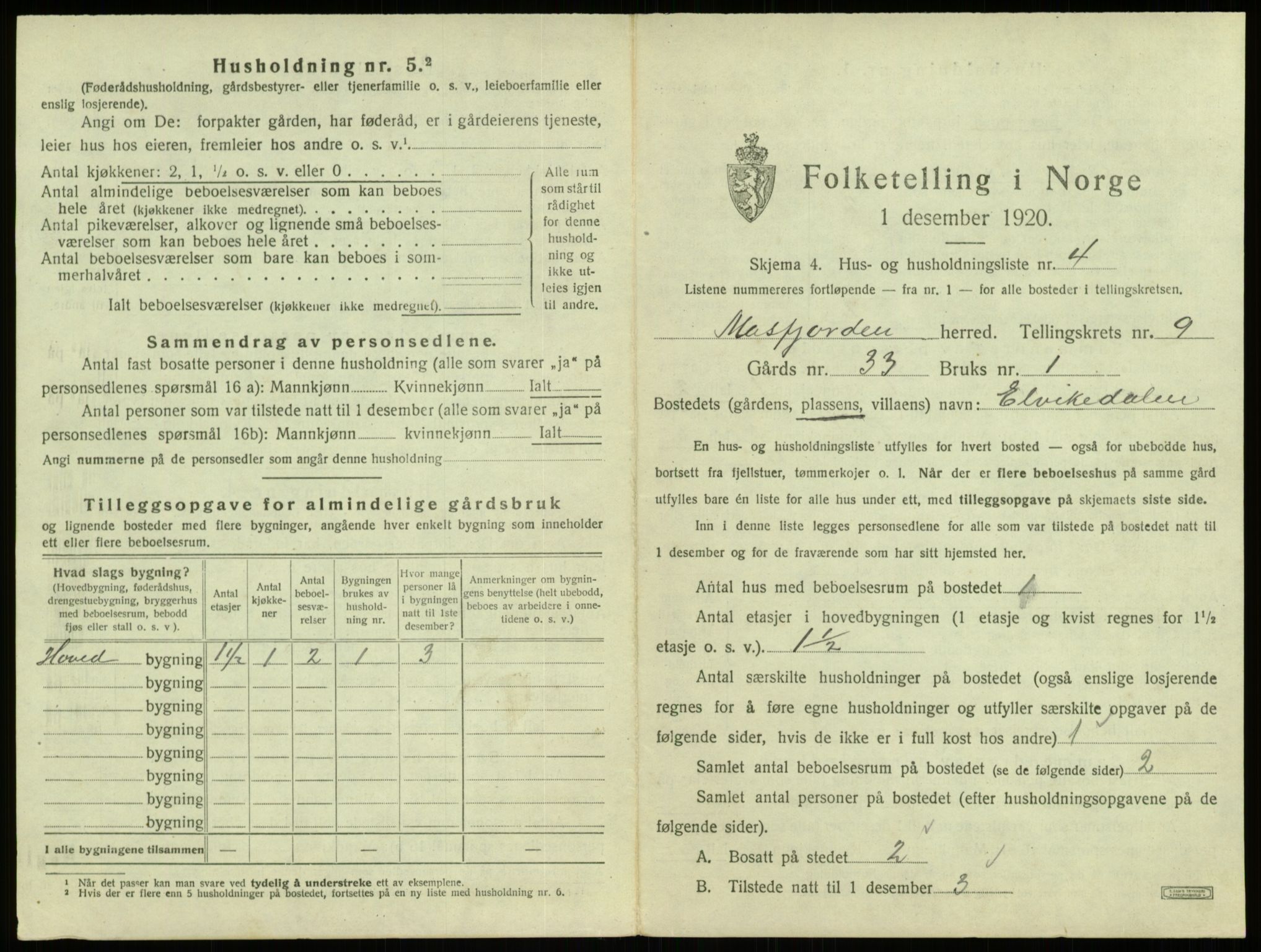 SAB, 1920 census for Masfjorden, 1920, p. 432