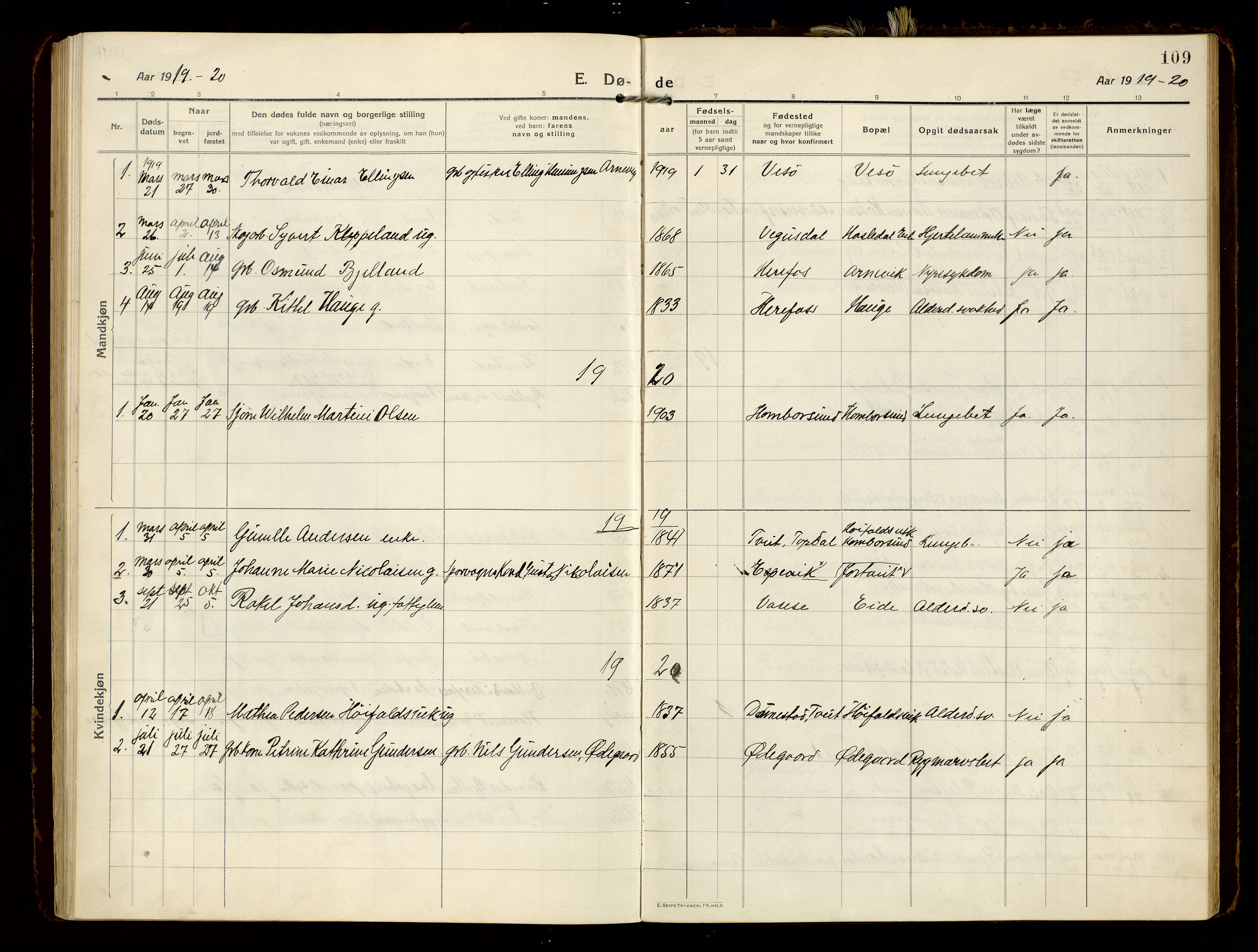 Hommedal sokneprestkontor, SAK/1111-0023/F/Fa/Faa/L0004: Parish register (official) no. A 4, 1916-1945, p. 109