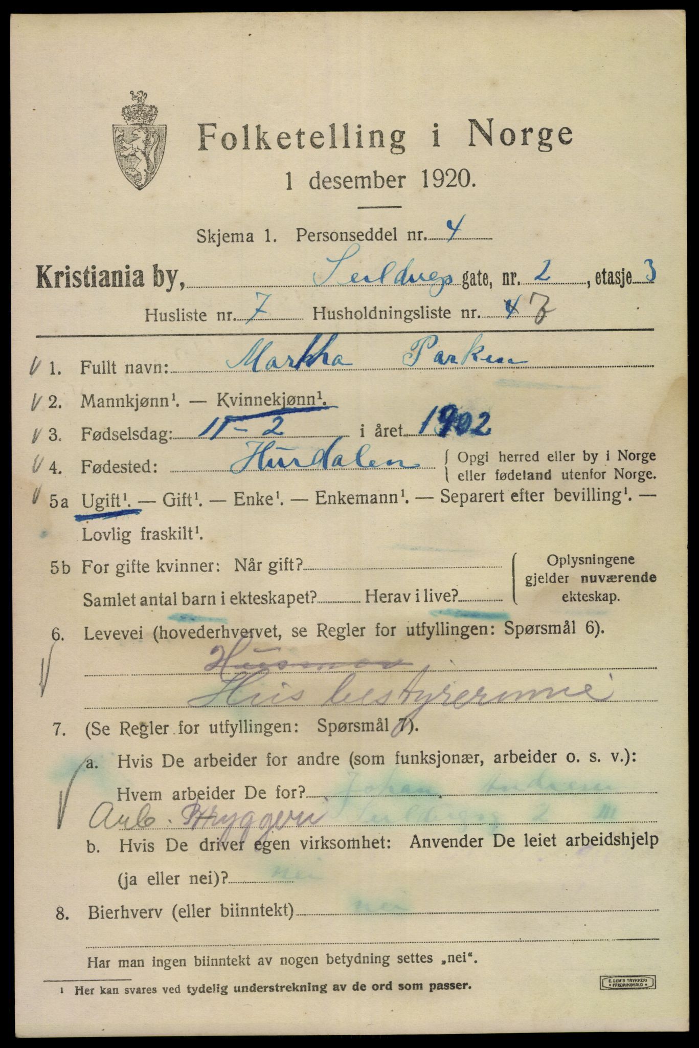 SAO, 1920 census for Kristiania, 1920, p. 505927