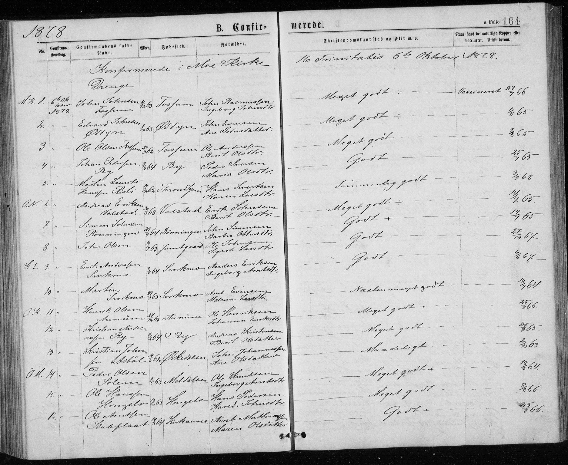 Ministerialprotokoller, klokkerbøker og fødselsregistre - Sør-Trøndelag, AV/SAT-A-1456/671/L0843: Parish register (copy) no. 671C02, 1873-1892, p. 164