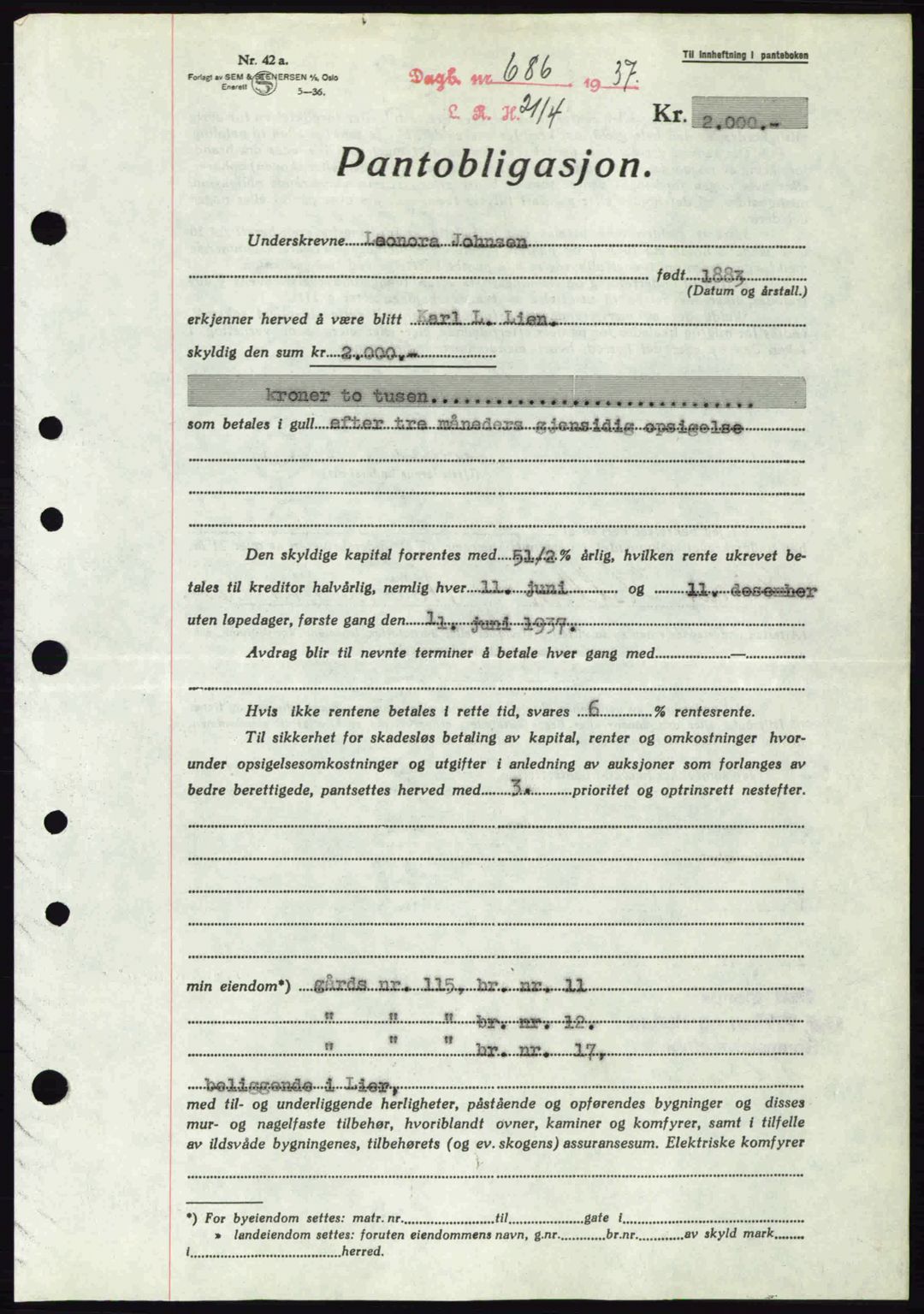 Lier, Røyken og Hurum sorenskriveri, SAKO/A-89/G/Ga/Gab/L0056: Mortgage book no. 56, 1937-1937, Diary no: : 686/1937