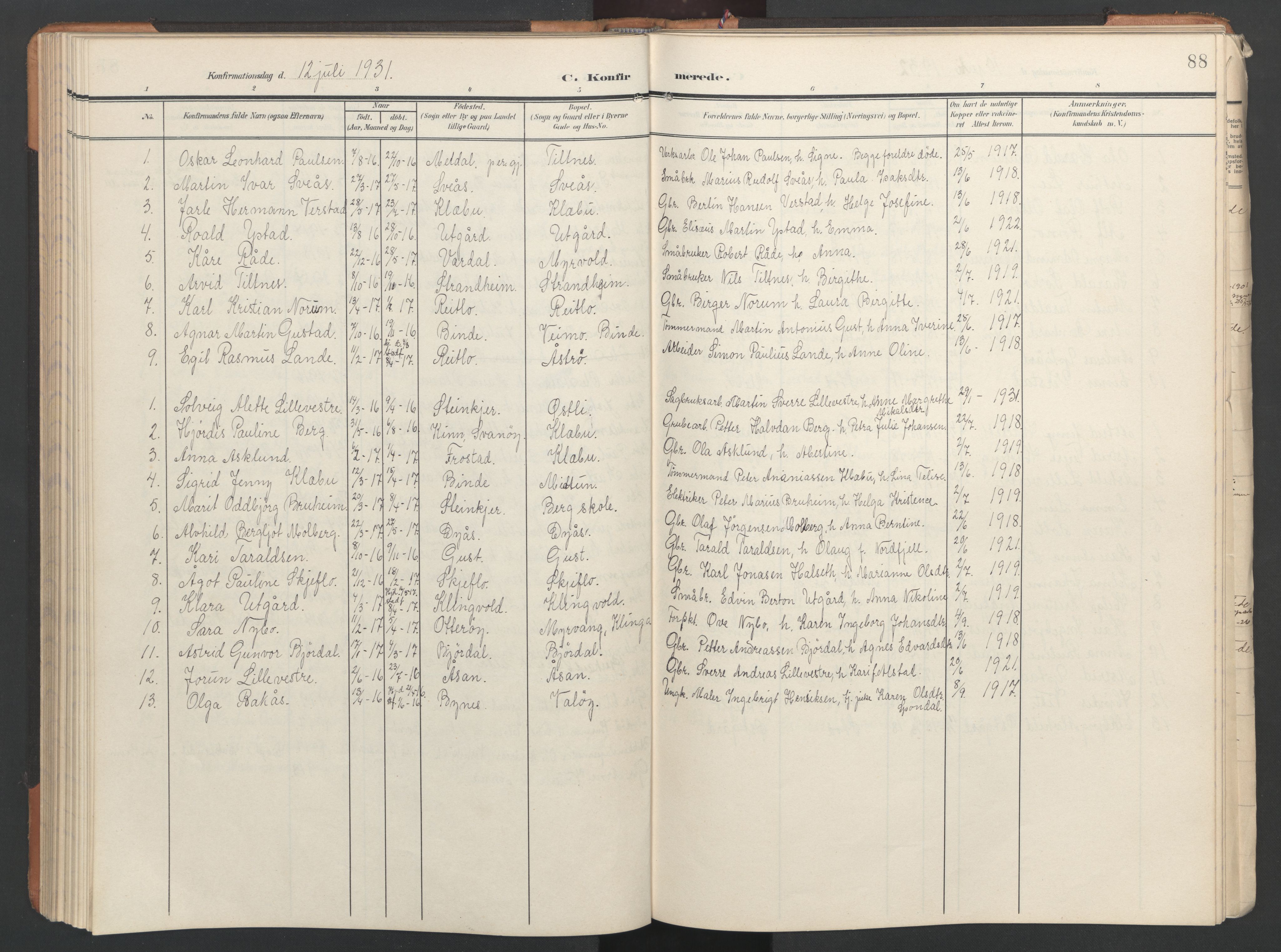 Ministerialprotokoller, klokkerbøker og fødselsregistre - Nord-Trøndelag, SAT/A-1458/746/L0455: Parish register (copy) no. 746C01, 1908-1933, p. 88