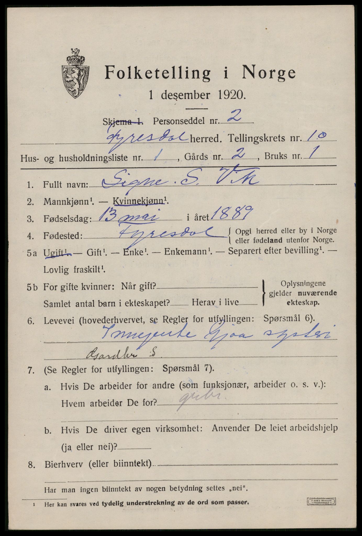 SAKO, 1920 census for Fyresdal, 1920, p. 3781