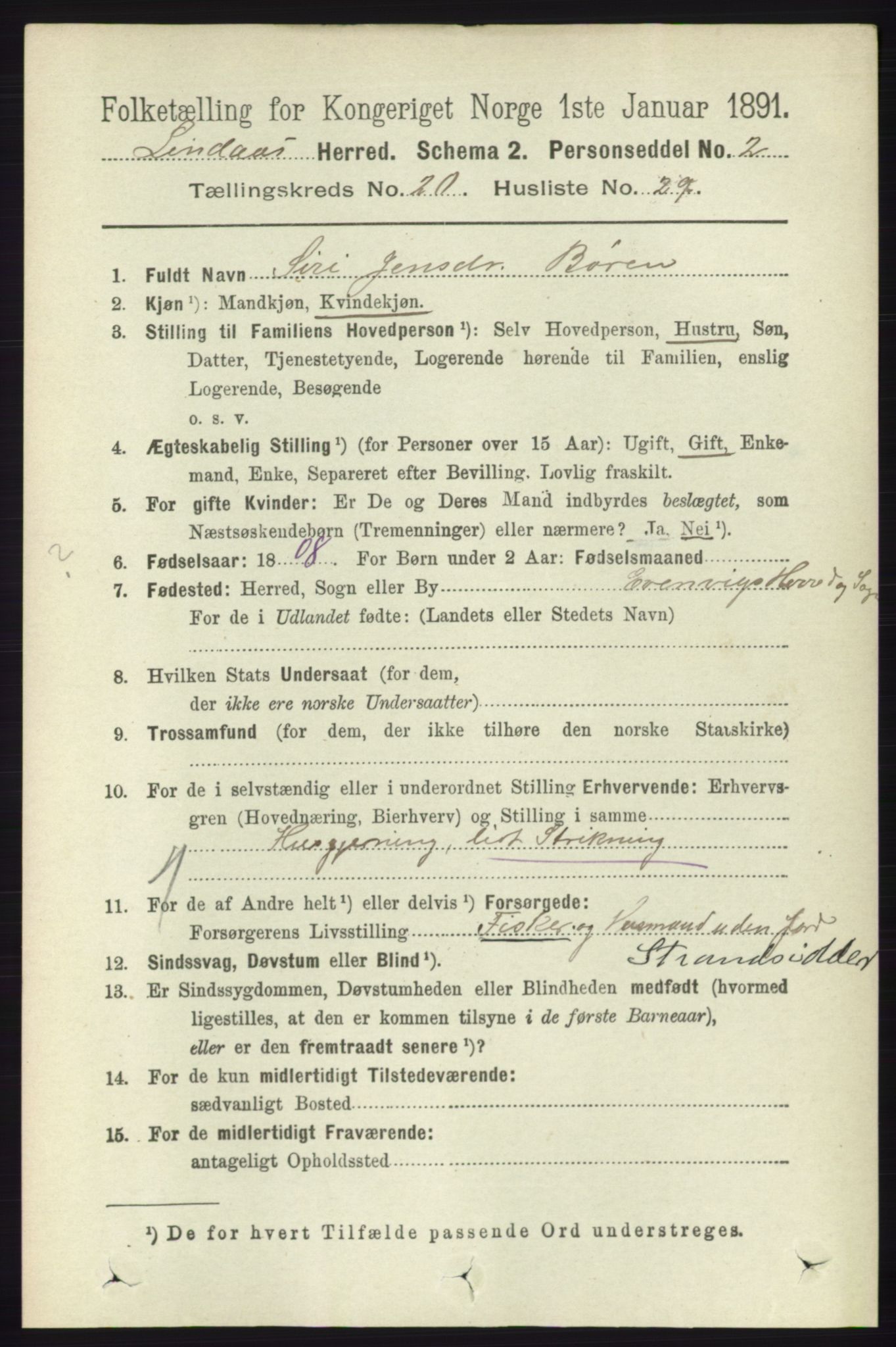 RA, 1891 census for 1263 Lindås, 1891, p. 7529