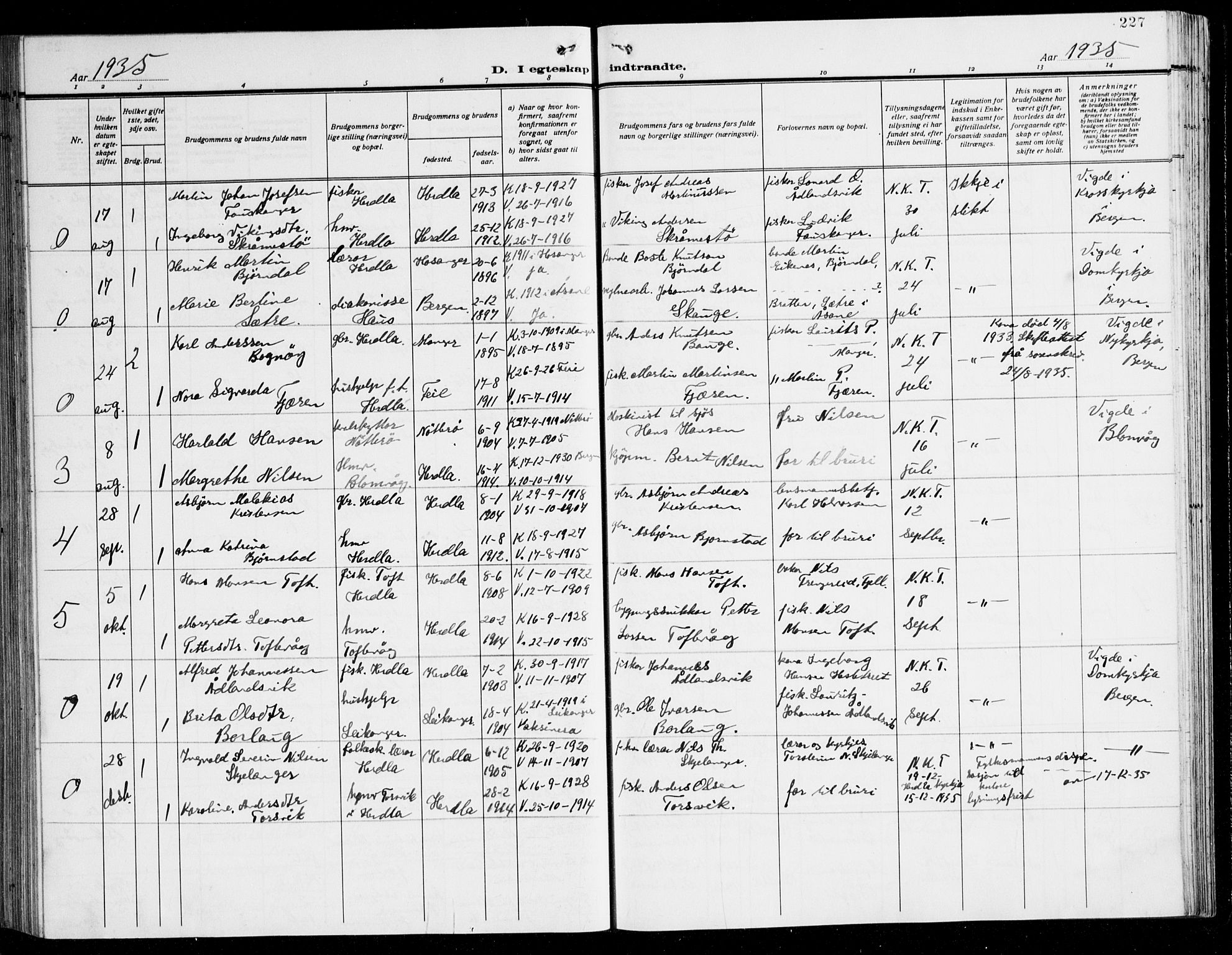 Herdla Sokneprestembete, AV/SAB-A-75701/H/Hab: Parish register (copy) no. C 3, 1926-1940, p. 227