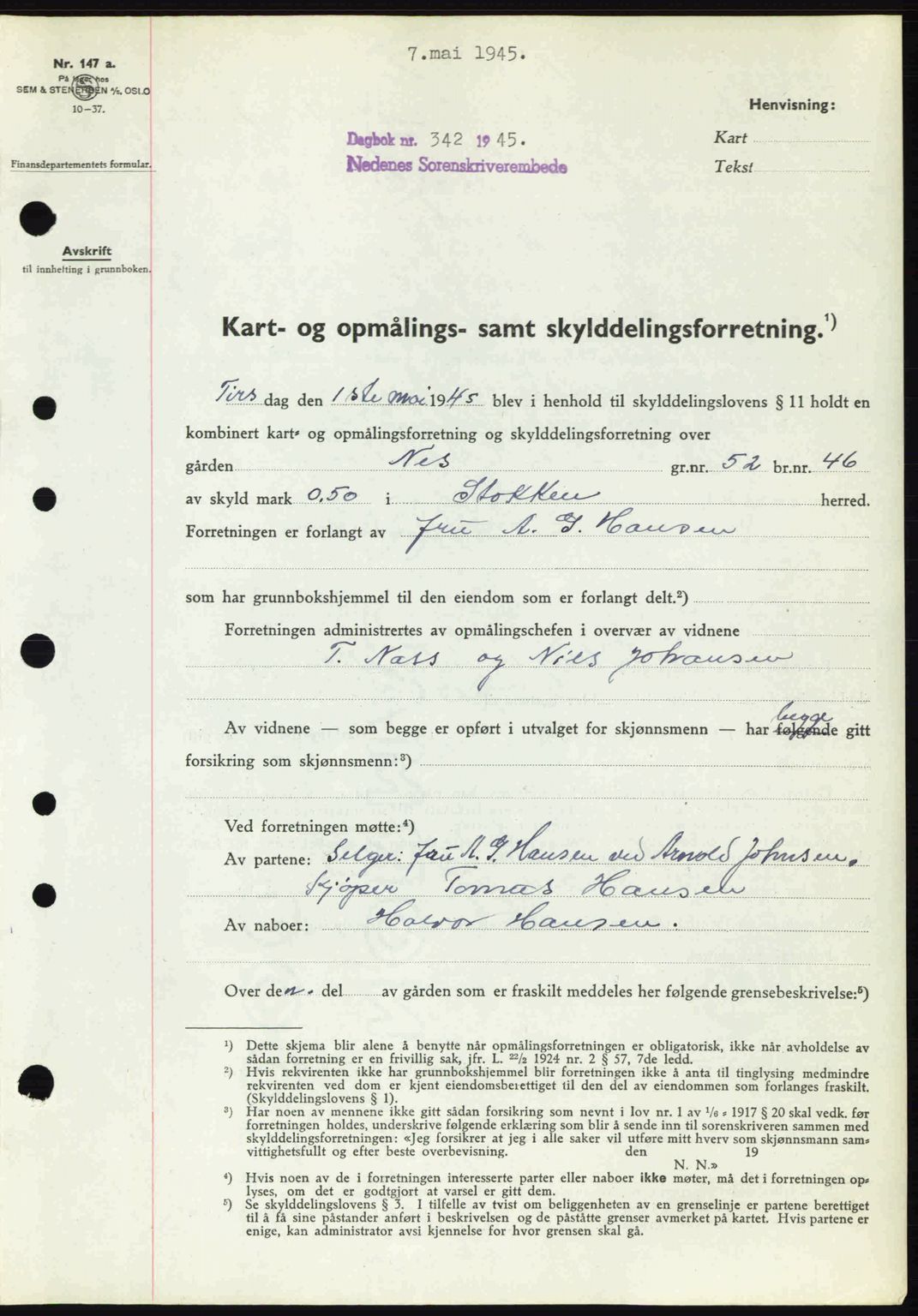 Nedenes sorenskriveri, AV/SAK-1221-0006/G/Gb/Gba/L0052: Mortgage book no. A6a, 1944-1945, Diary no: : 342/1945